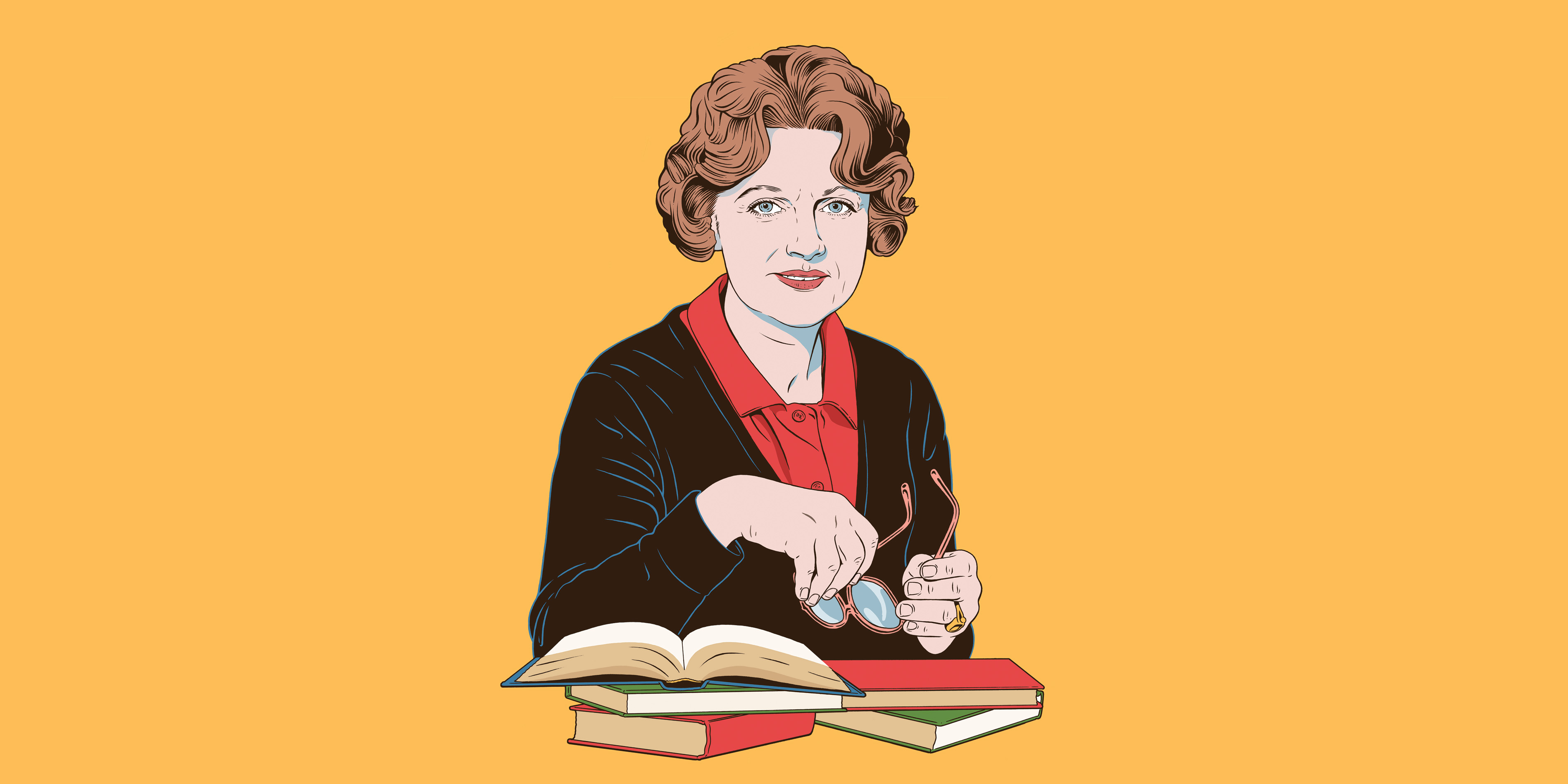 Illustration of woman wearing a black cardigan over a red collared shirt, holding glasses and sitting behind stack of books, on a mustard-yellow background.