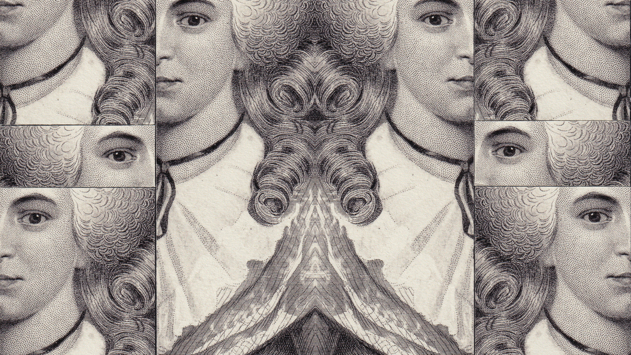 Illustration multiplying reflected black-and-white portraits of Eliza Schuyler in a grid pattern.