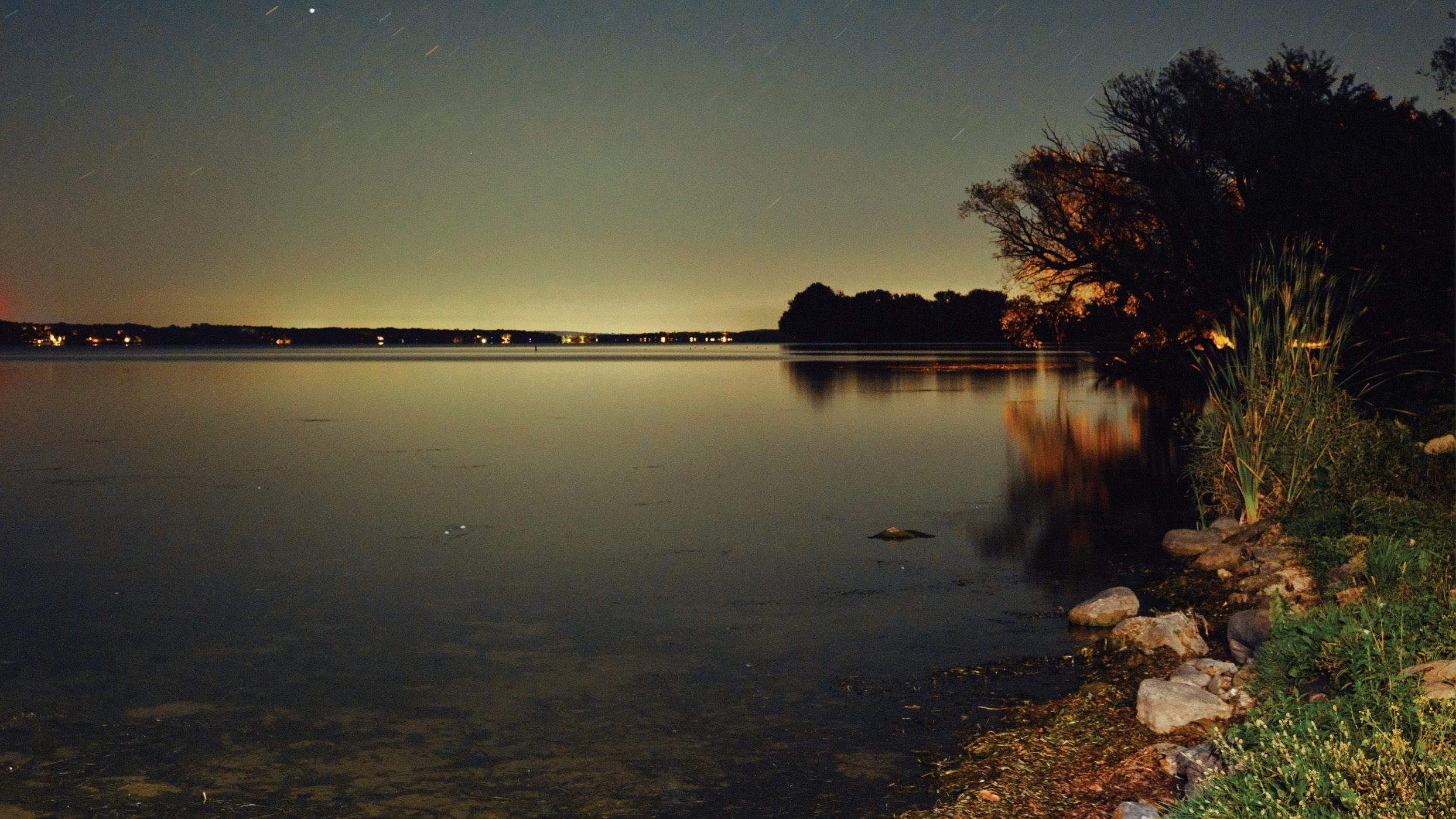 photo at night of lake shore with grassy bank, glowing horizon, and sky with bright stars