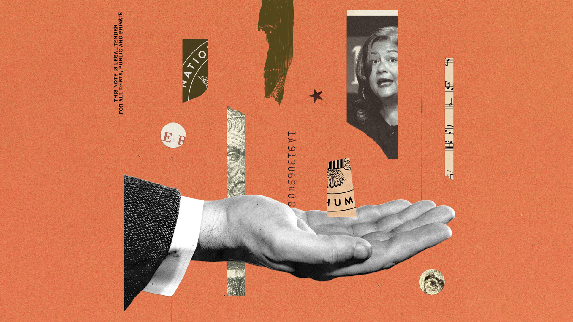 Collage-style illustration with a black-and-white photo of a person's hand outstretched to catch strips of other images raining down, including photo of Alexander, NEH logo, musical notes, money, on orange background.