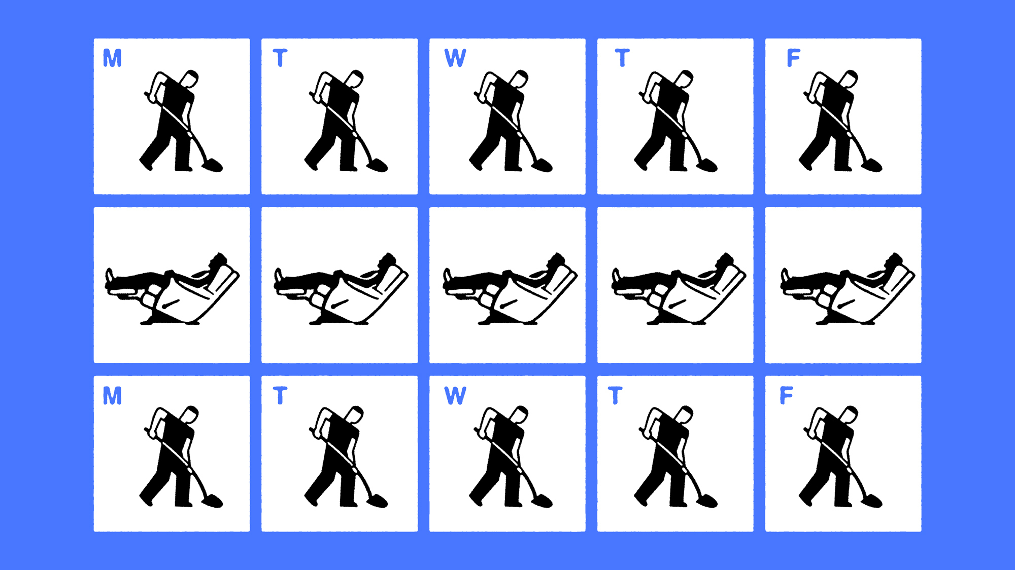 A calendar showing a week of a person shoveling, followed by a week resting in a recliner, followed by a week shoveling.