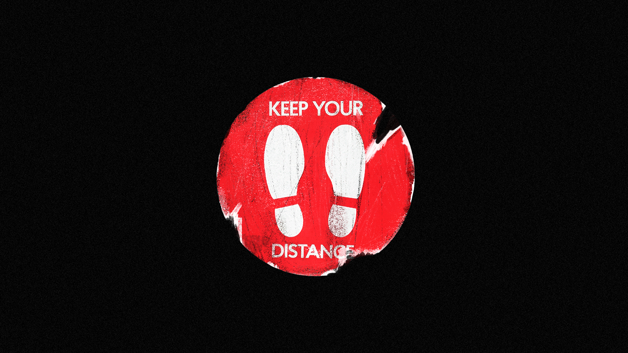 An illustration of a tattered sticker with footprints and the text "keep your distance"