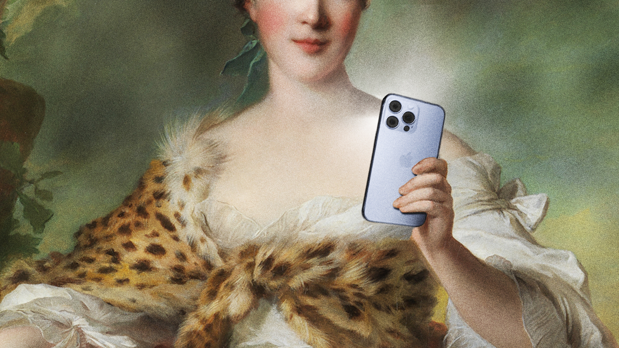 Painting of a woman draped in a flowing dress with a fur stole, with an iPhone photoshopped into her hand