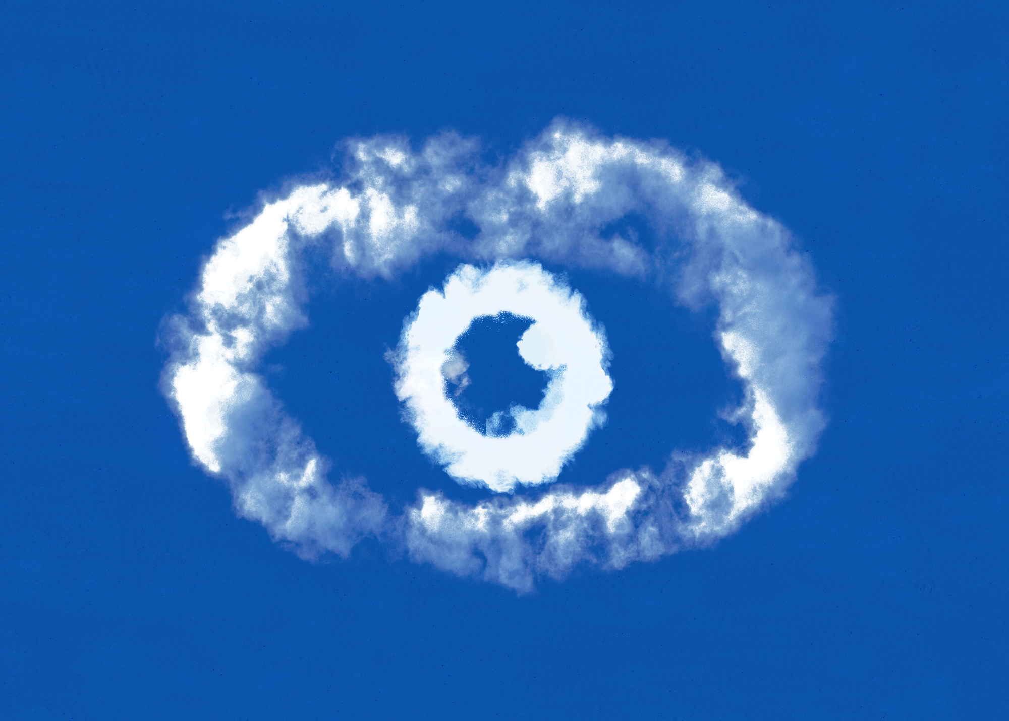 Cloudlike white forms in the shape of an eye against a sky-blue background