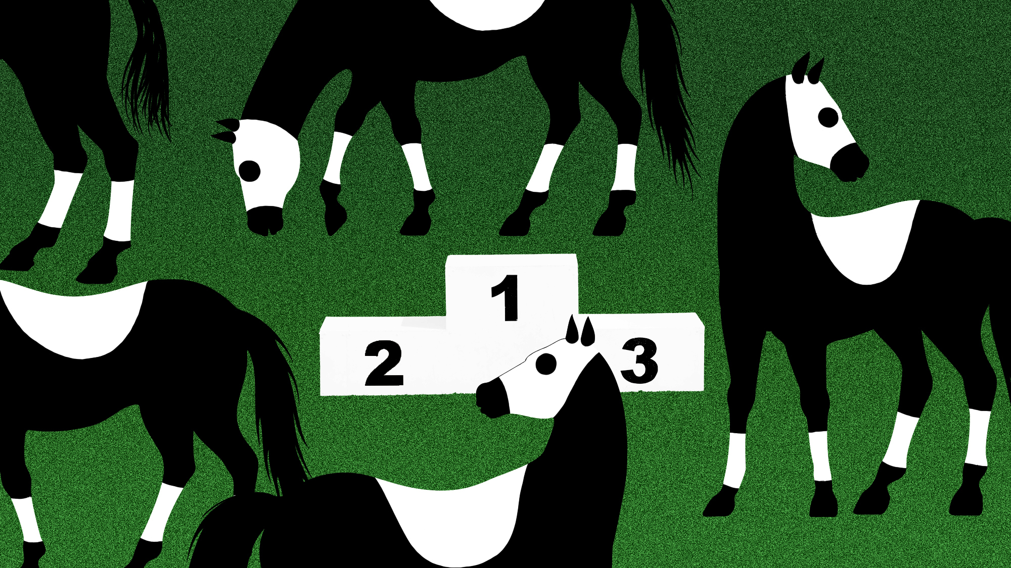 Illustration of horses wandering around a field near an empty podium