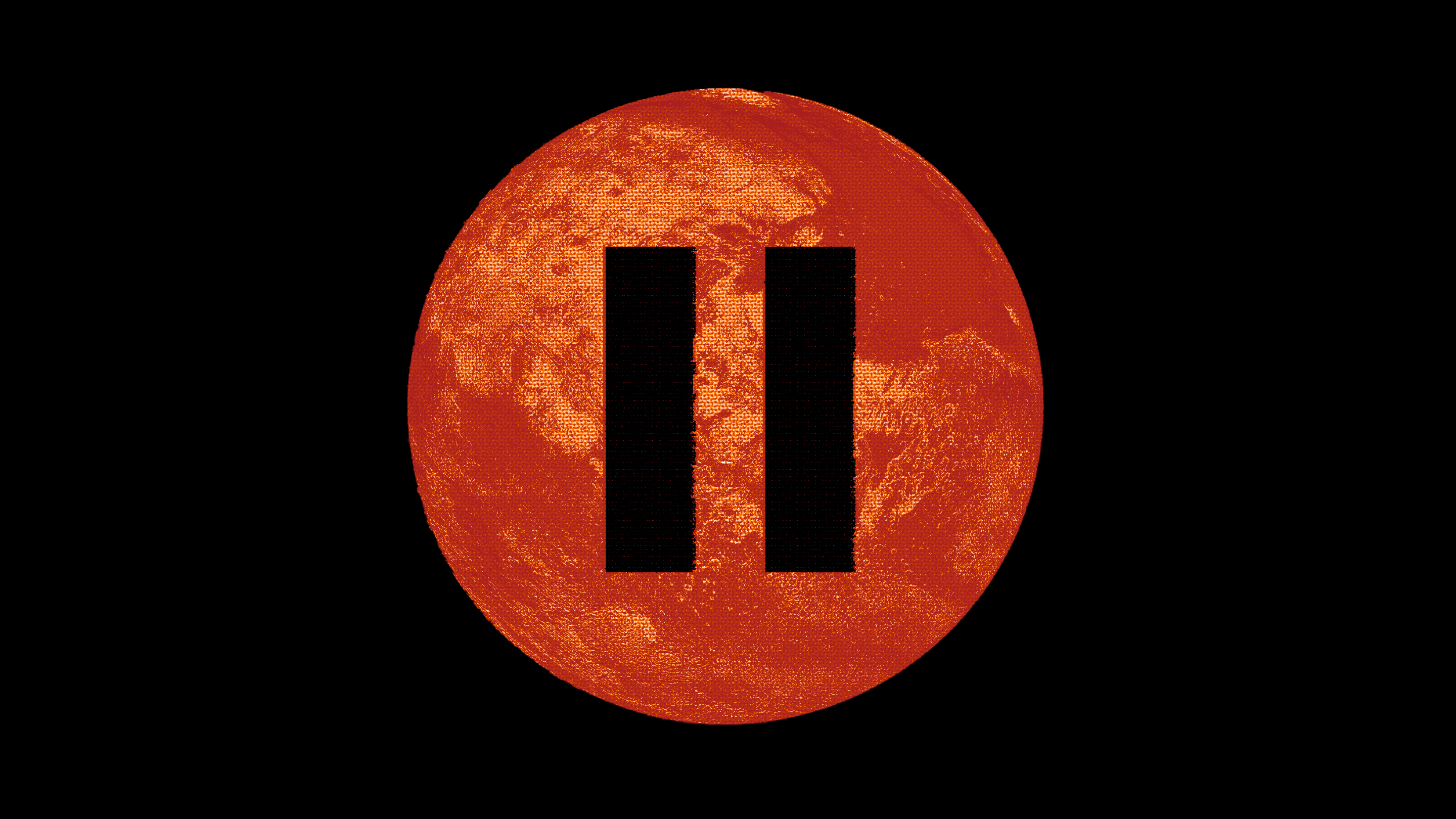 Ilustrasi planet merah Mars dengan "tombol jeda" simbol di wajahnya