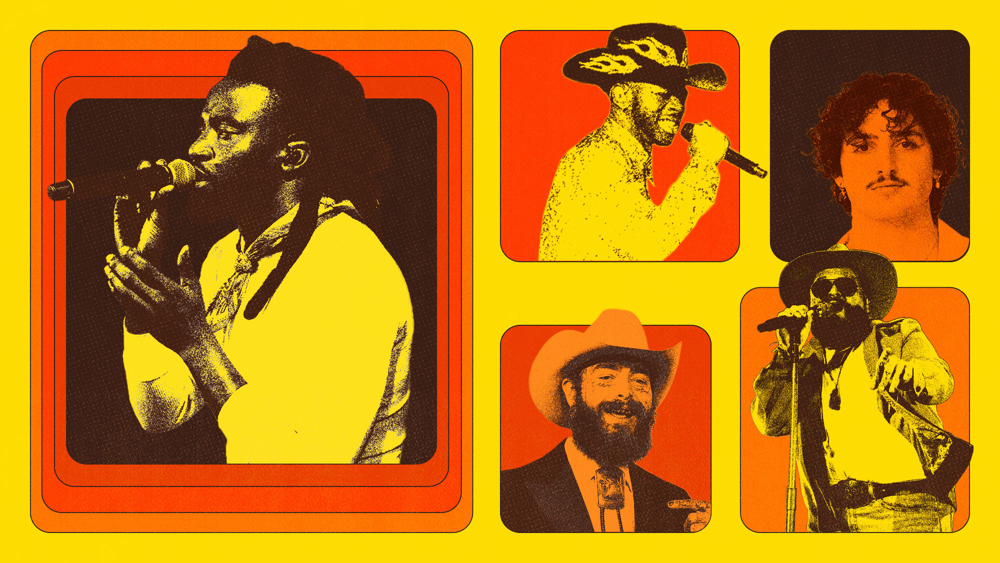 A orange, red, and yellow photo collage of various new country musical performers