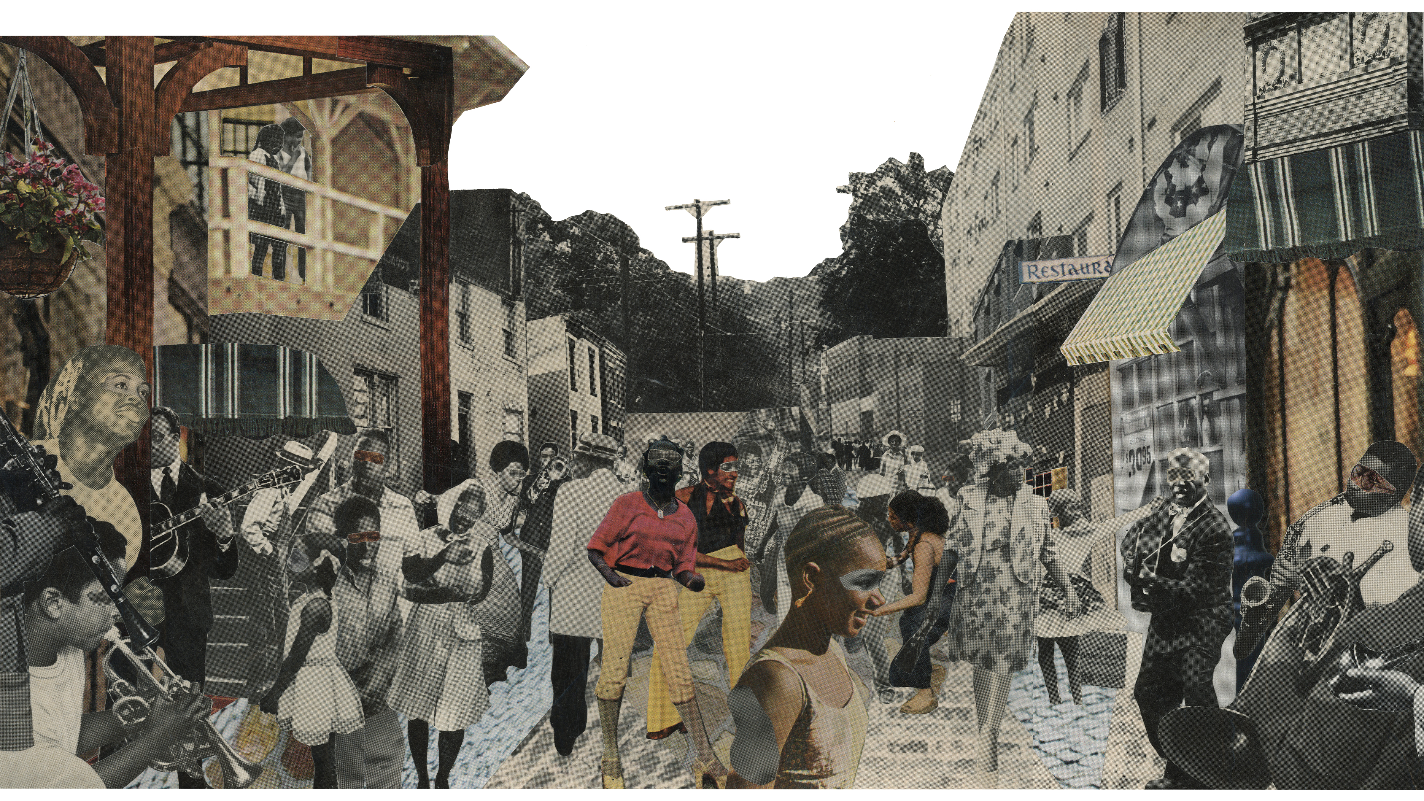 archival photo collage of black Juneteenth celebrants in a historic New Orleans background