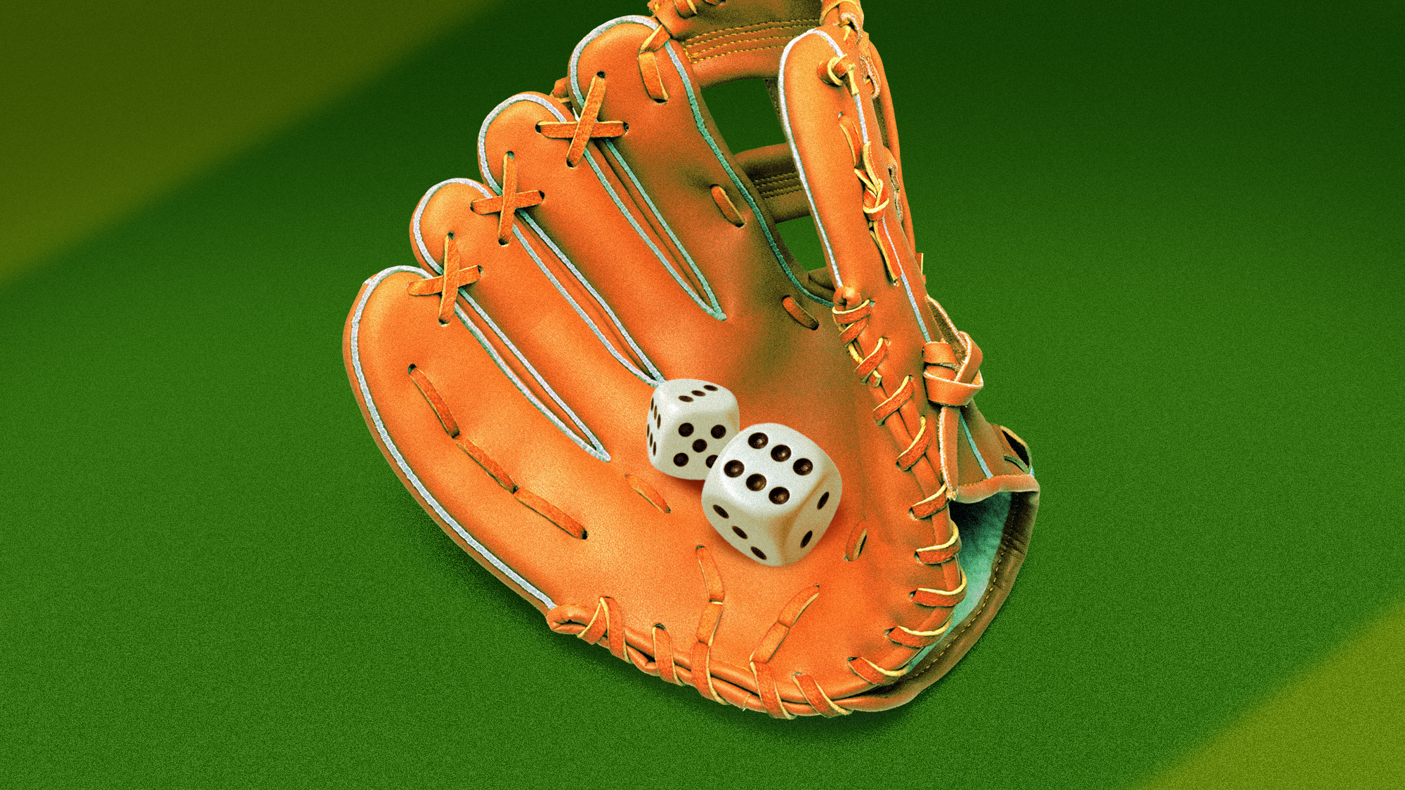 A baseball glove holding dices