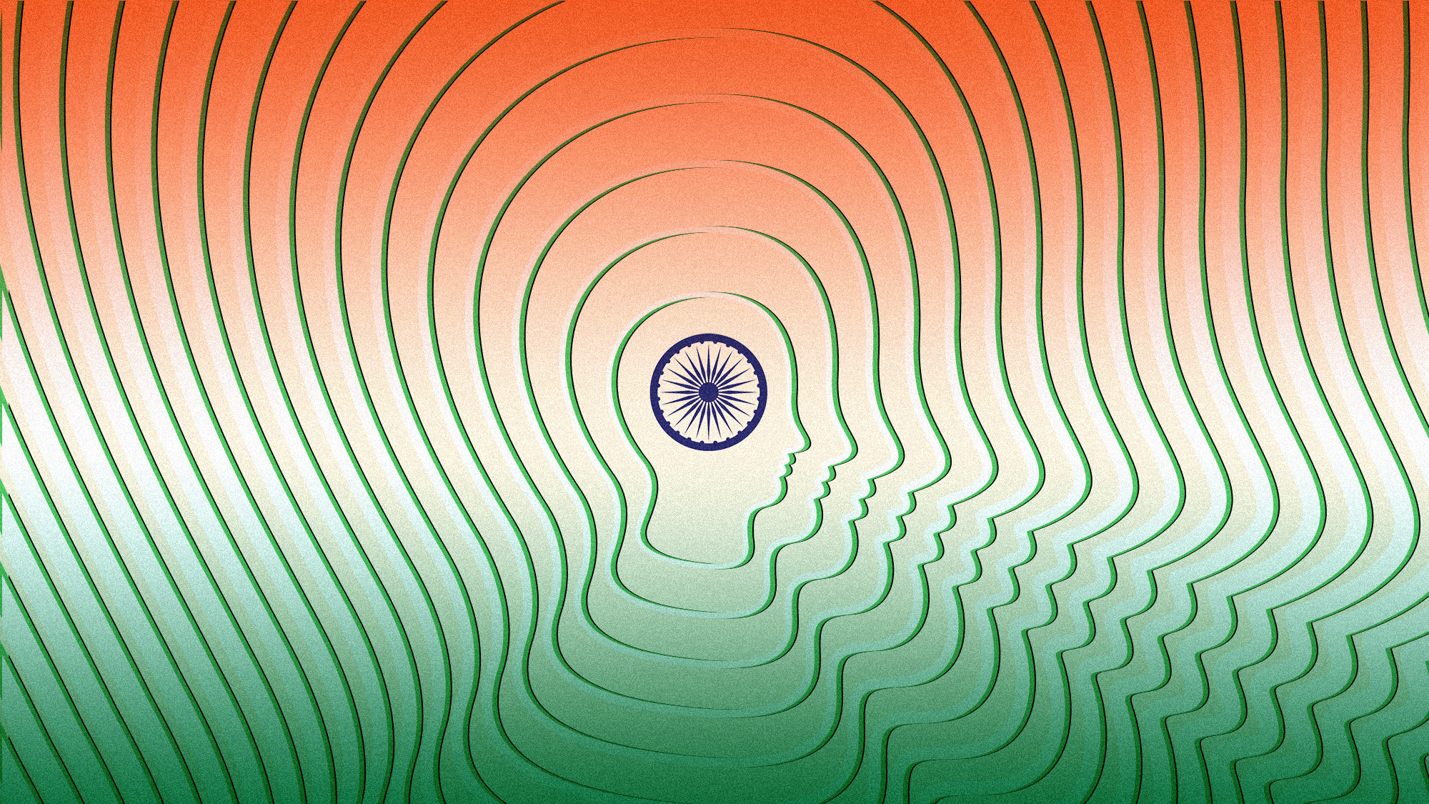 A repeating silhouette of a human face in the colors of the Indian flag