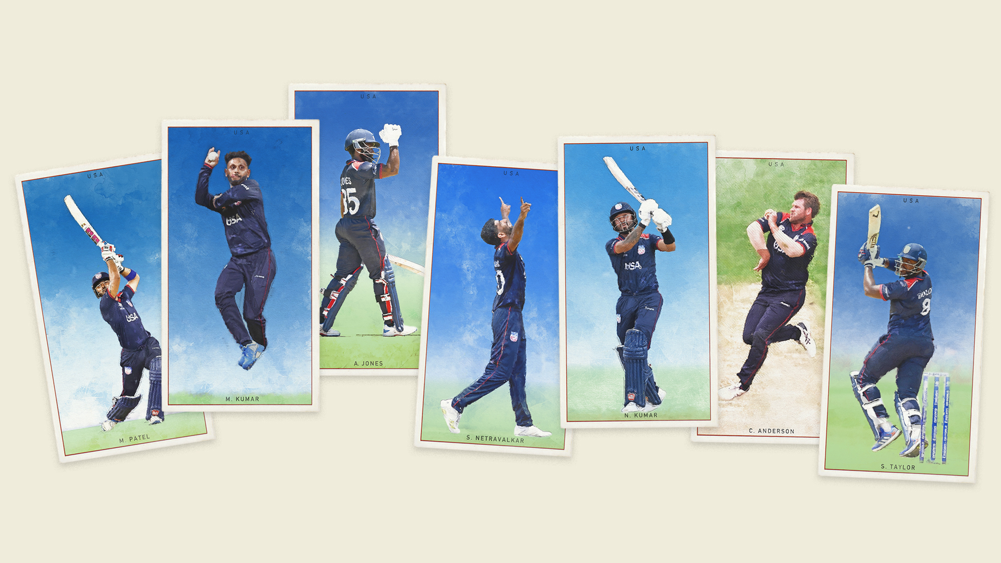 The U.S. men's cricket team illustrated in the style of old cricket sports cards