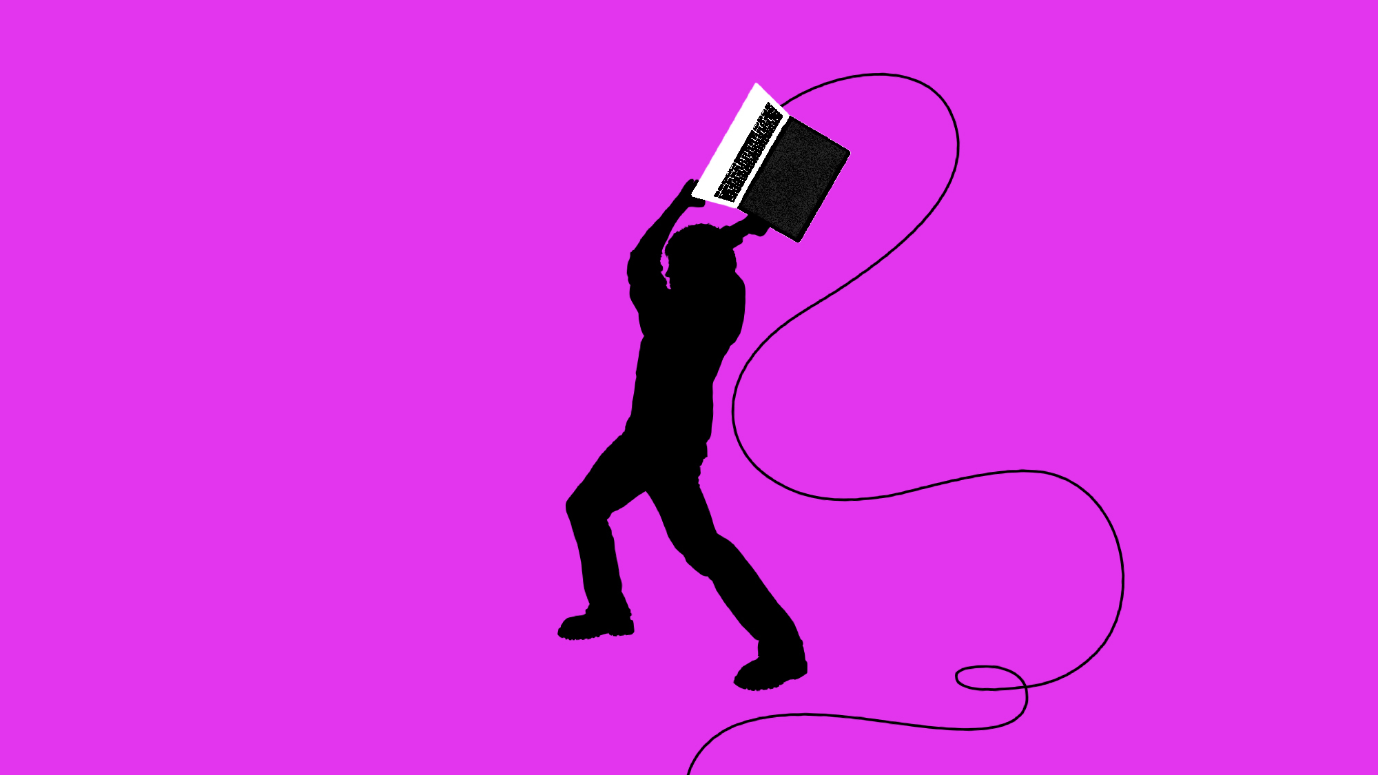 Illustration of a man smashing a laptop, styled like a classic iPod advertisement
