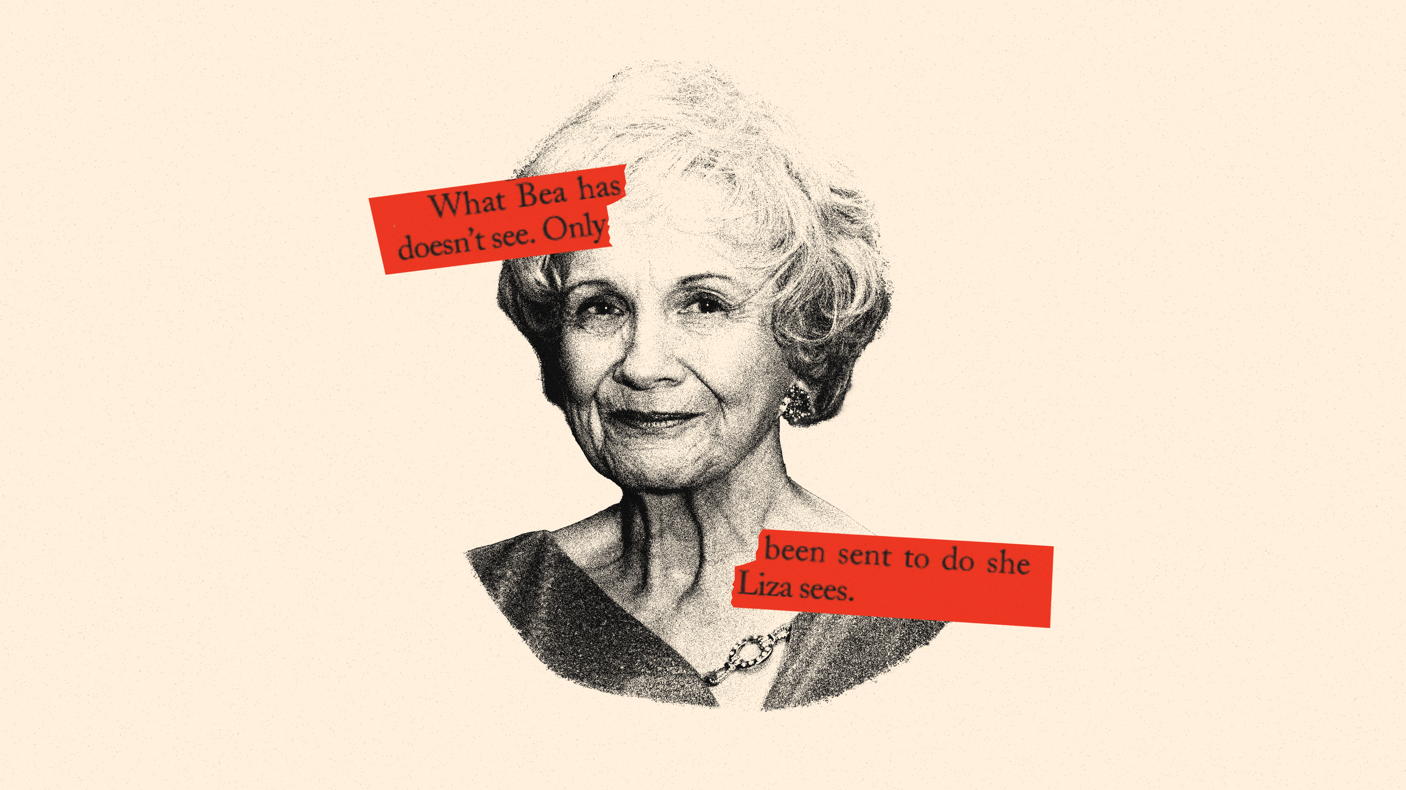 Illustration shows Alice Munro and sentences from her work