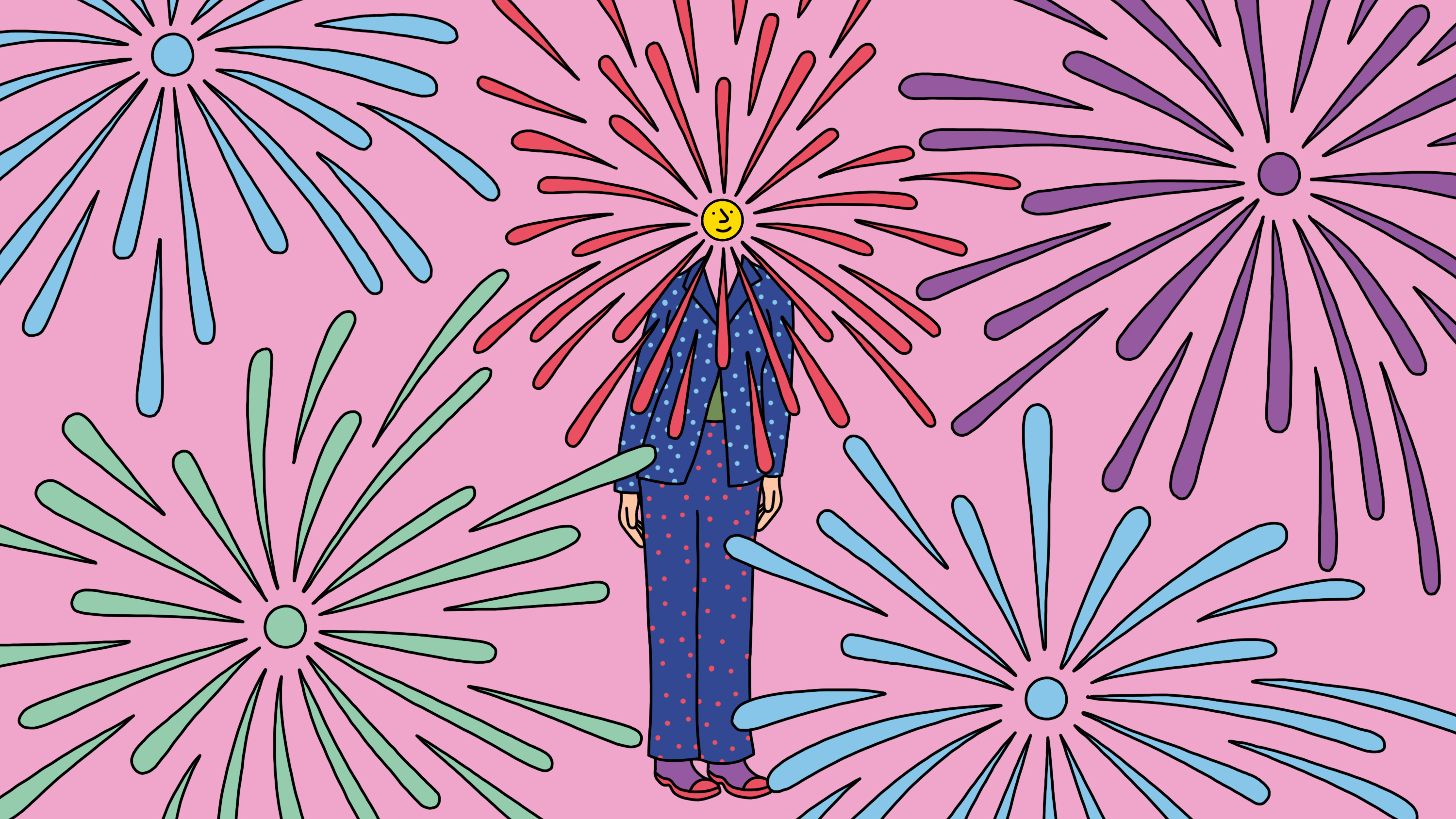 An illustration of a happy person amid exploding fireworks of color.