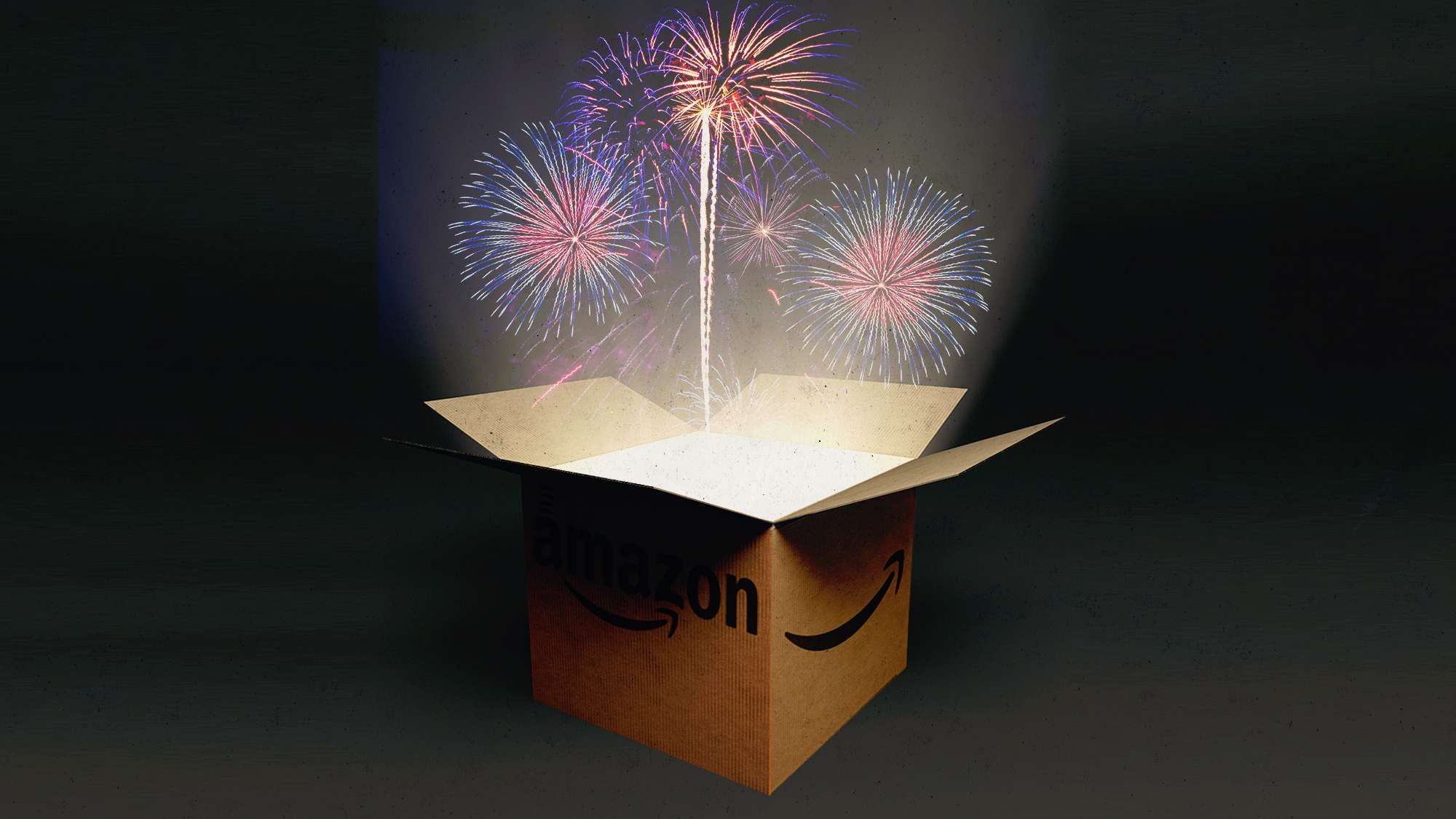 Photo-illustration of an Amazon box, open, with fireworks coming out of it