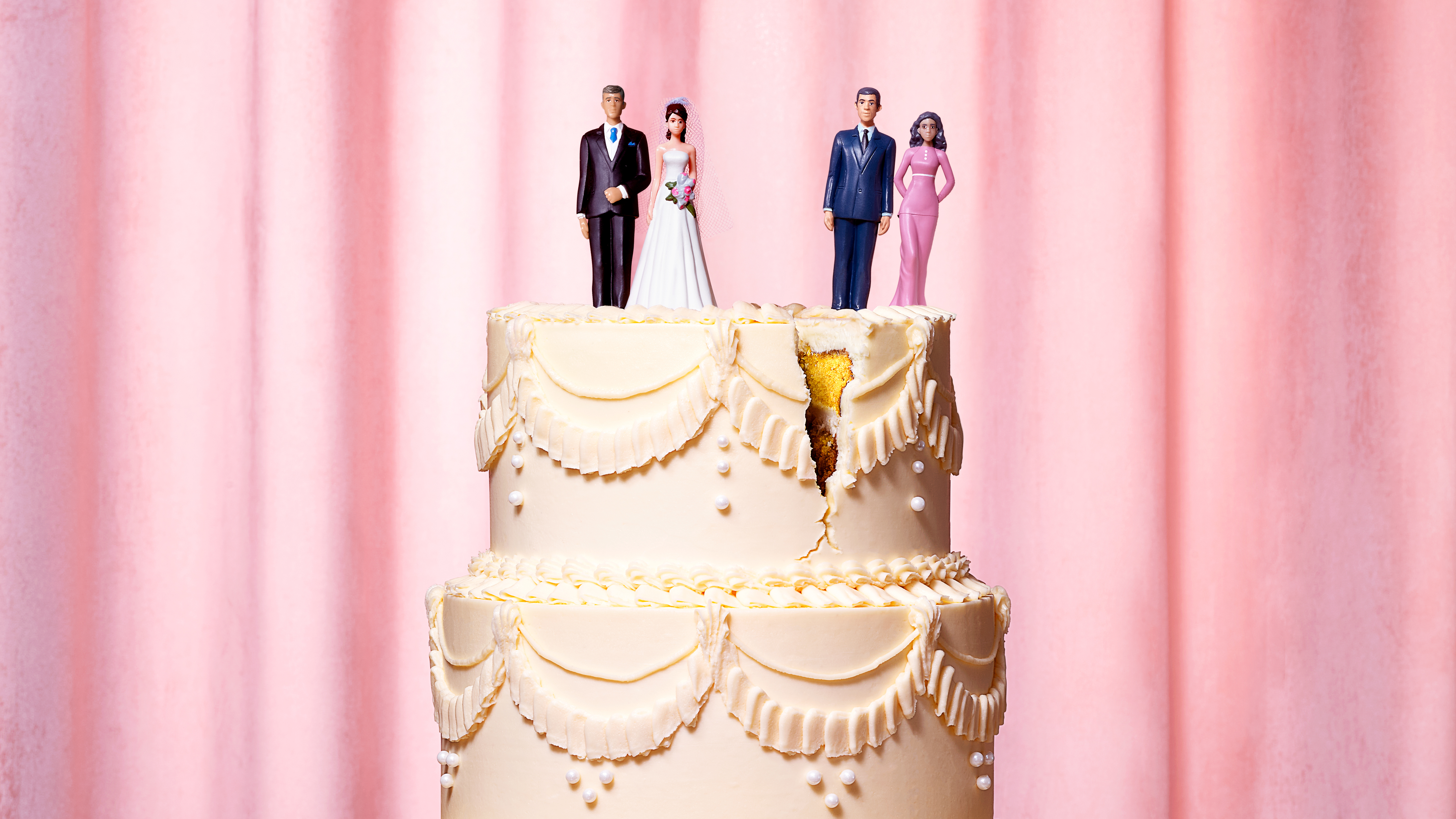 Male-female doll couples (one pair in wedding outfits, the other in evening wear) atop a cracked wedding cake
