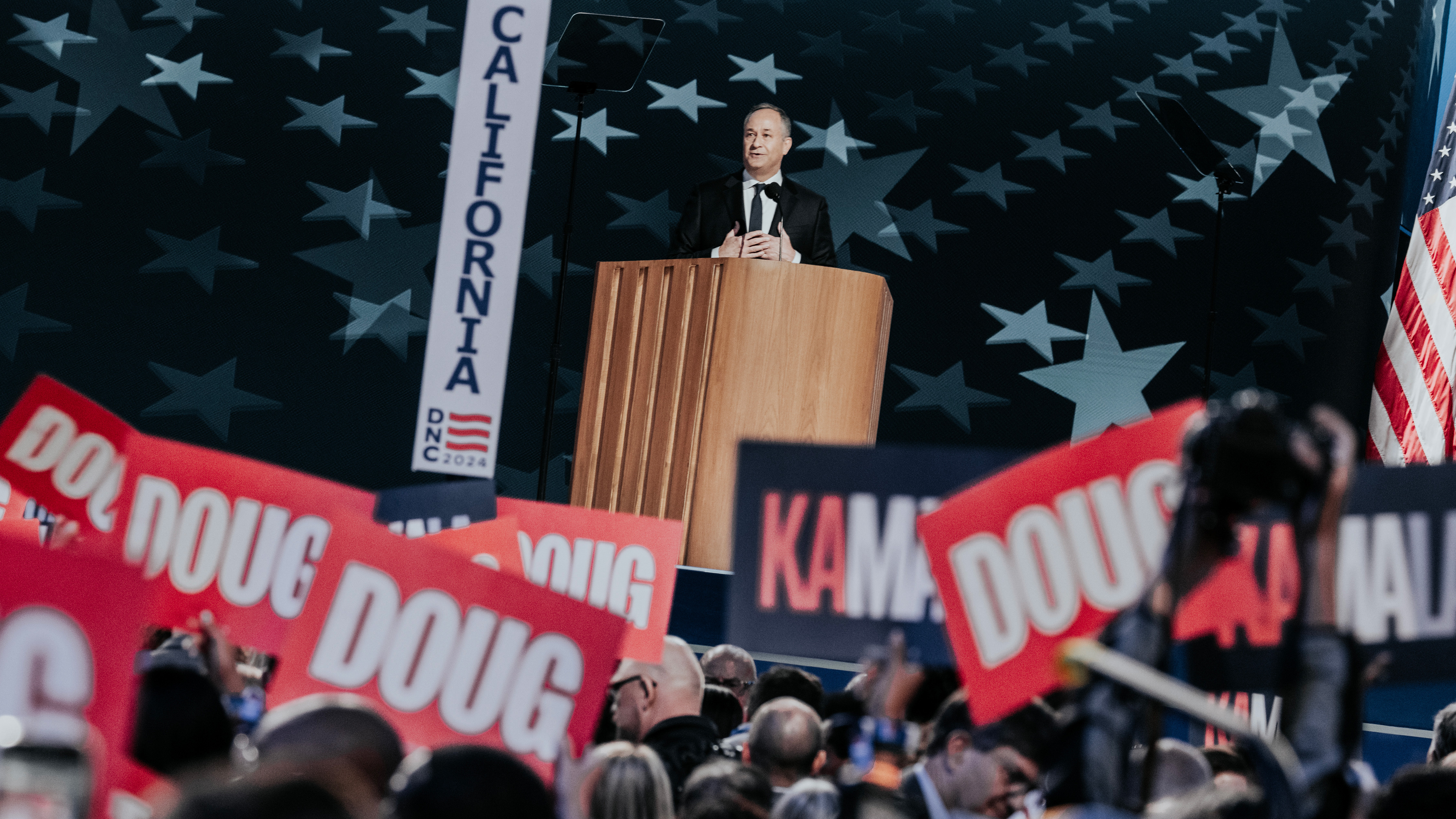 Doug Emhoff speaking at the DNC