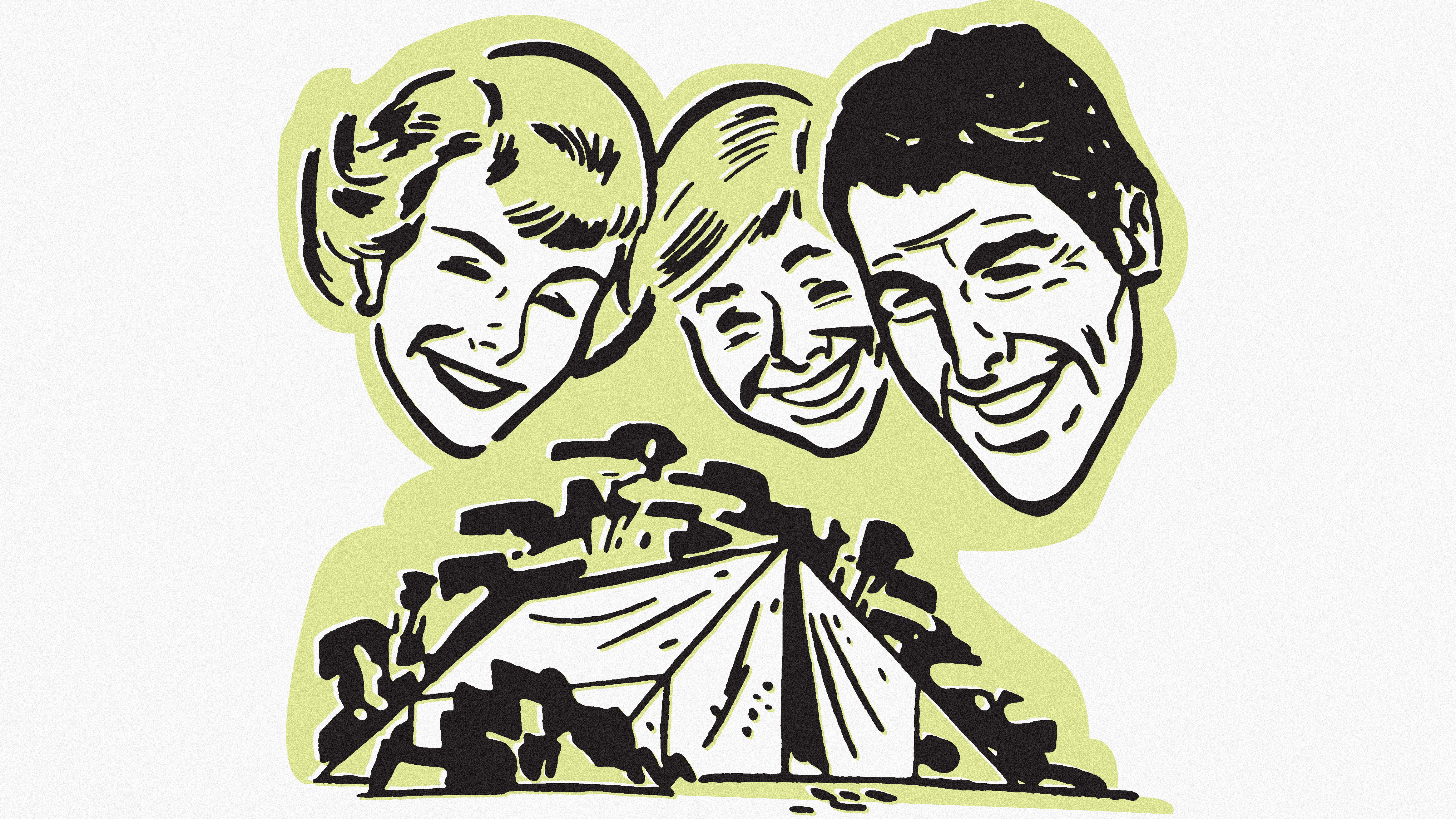 cartoon of a family around a tent