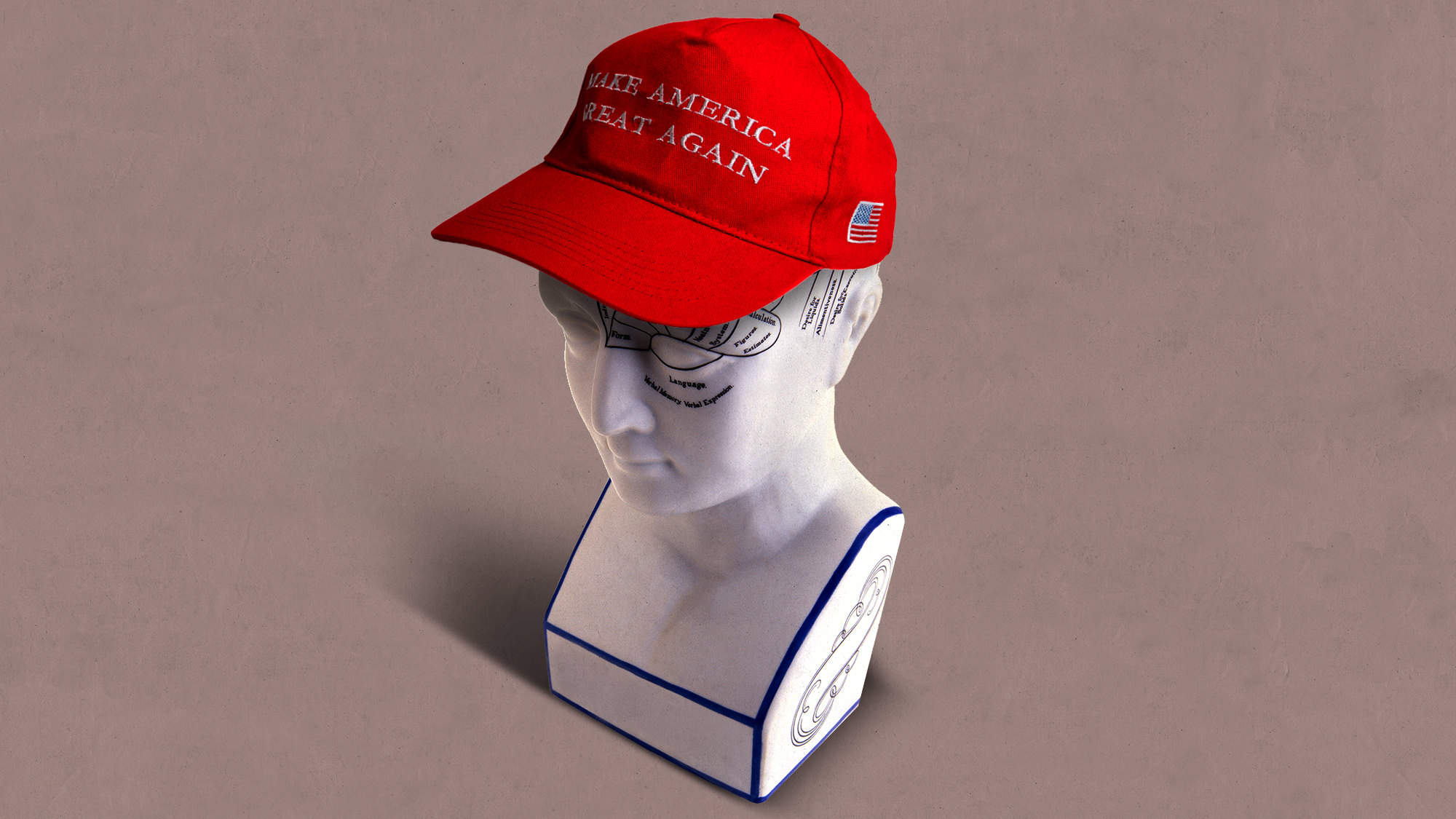 An illustration of a marble bust of a head wearing a MAGA hat.