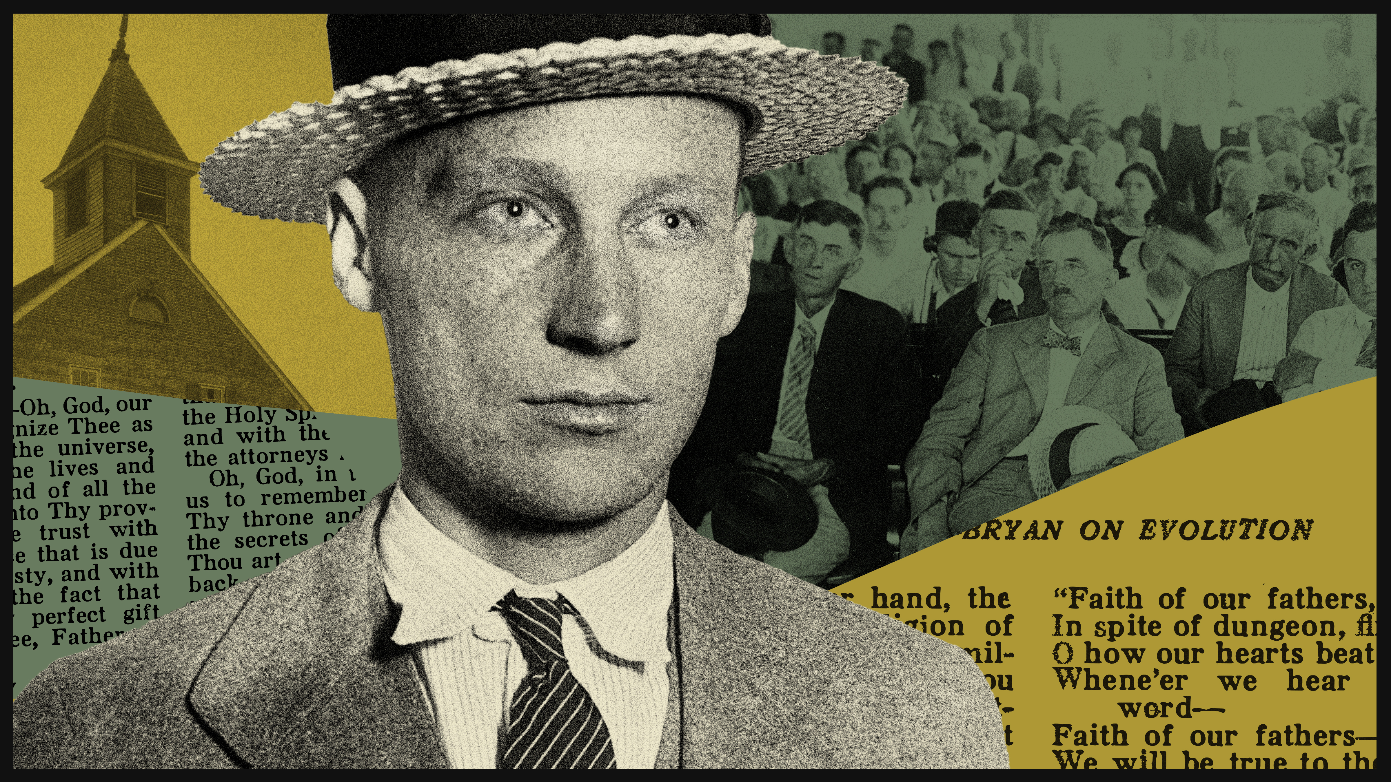 a photograph of John Scopes against a background of newspaper text and a photo of his trial