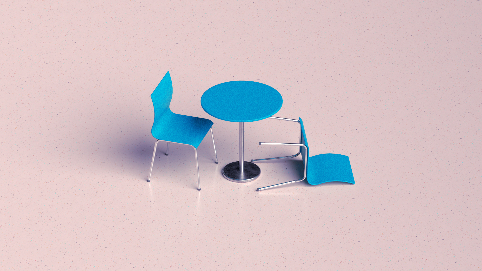 A table with one chair beside it and one knocked over