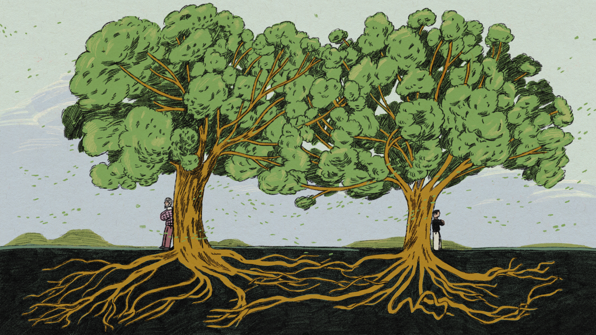 An illustration of two trees, connected at the roots and at the top, with a person standing at each tree