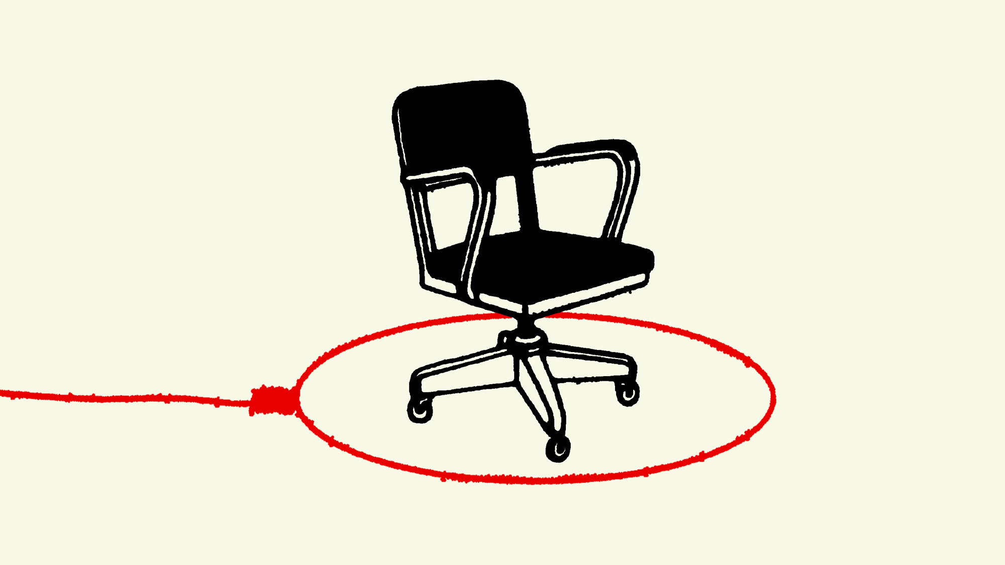 An office chair with a lasso looped around the bottom