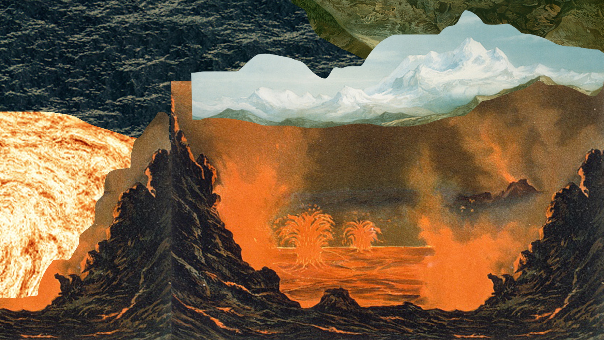 A collage of mountains, magma, lava, plant life, and igneous rock