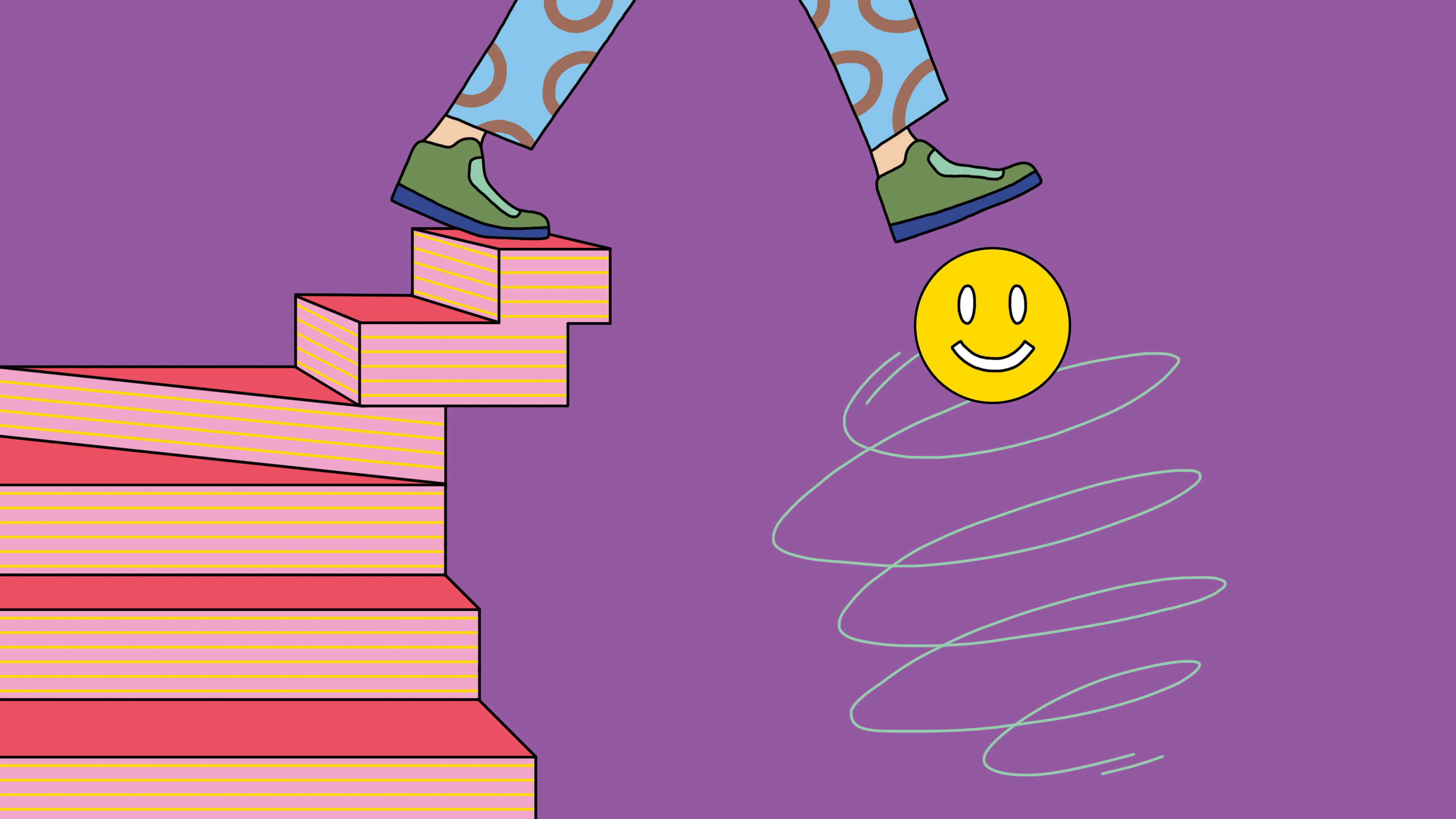 An illustration of a person walking off a series of steps with one foot about to buoyed up by a happy face.