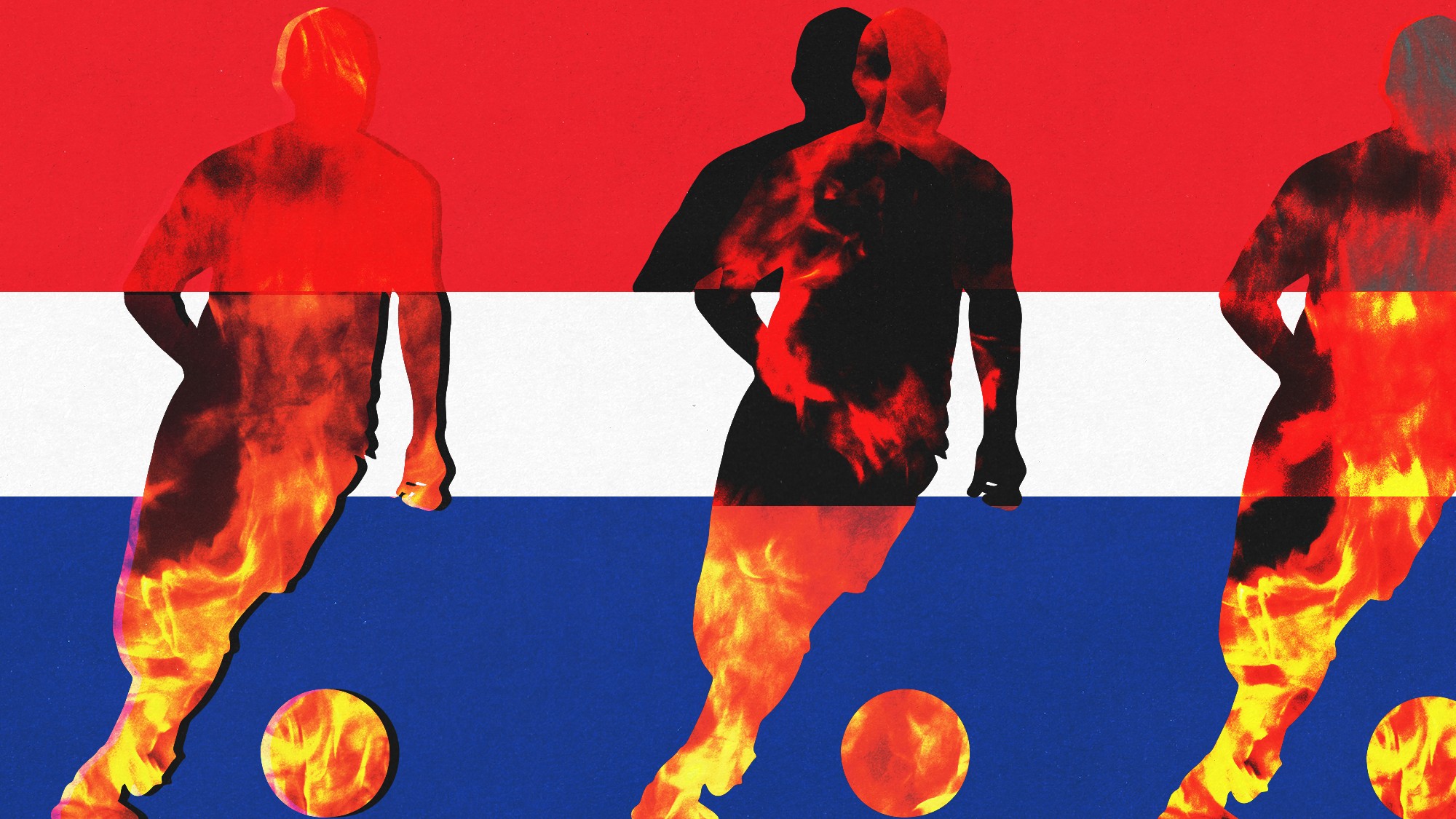 Photo illustration of silhouettes of three men running with soccer balls, with fire running through them, over a flag of red, white and blue stripes