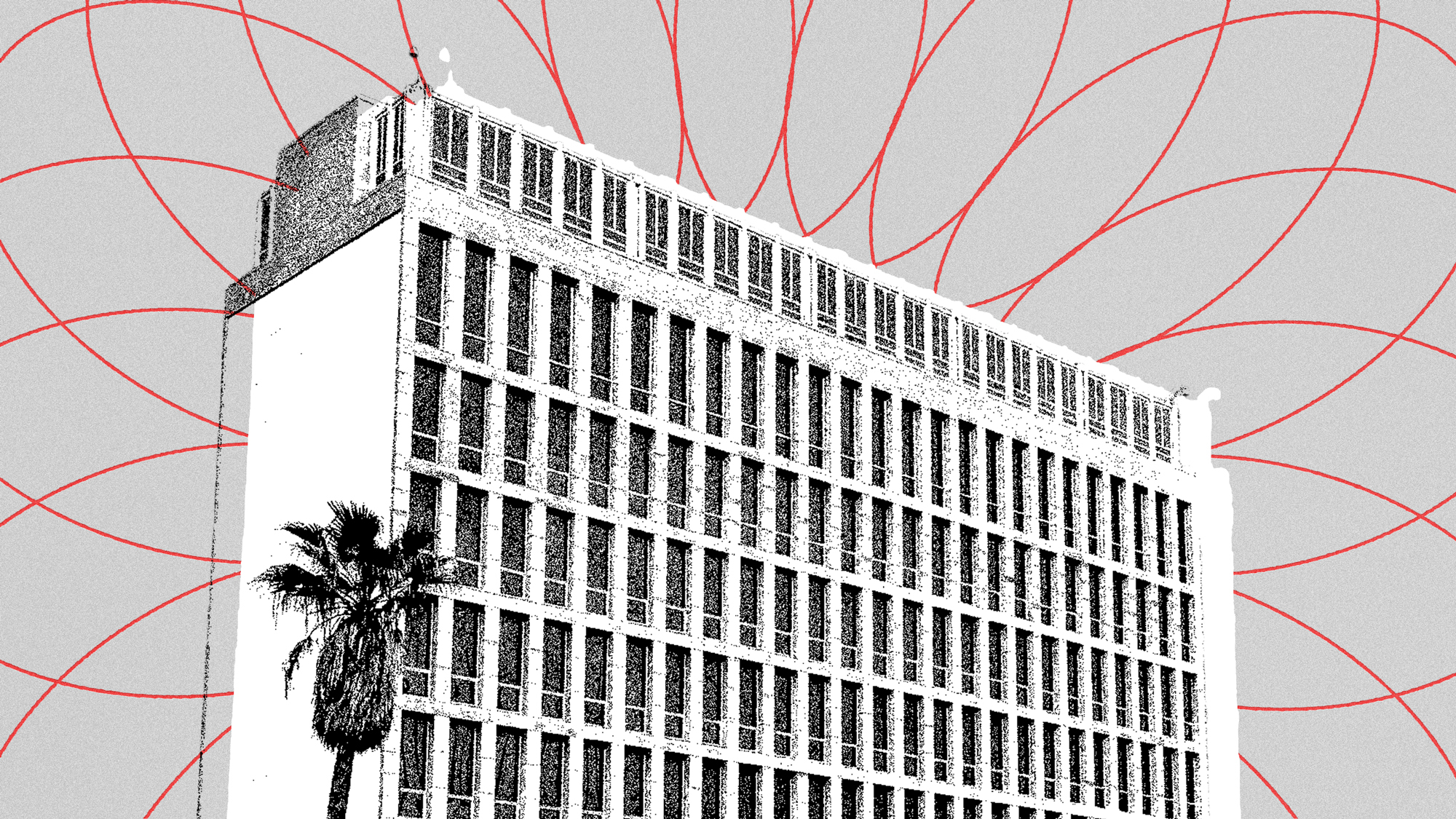 Illustration of the U.S. Embassy in Cuba with red lines protruding from it