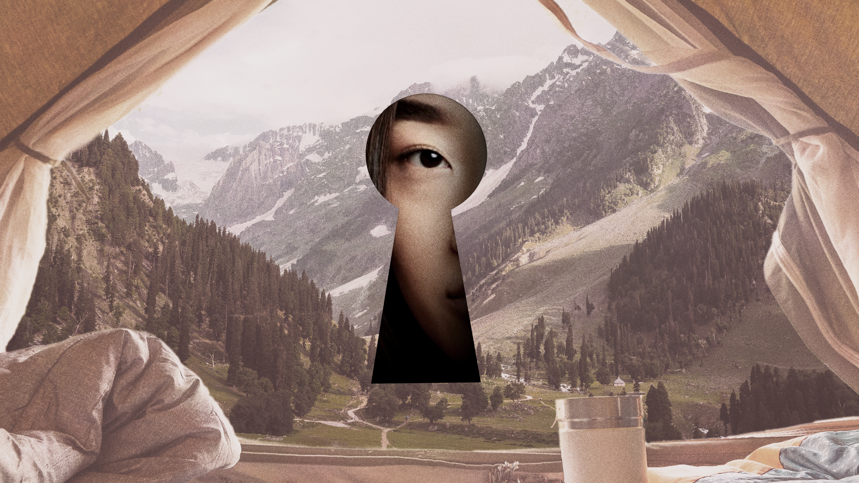 woman looking through keyhole overlaid on tent opening to beautiful valley