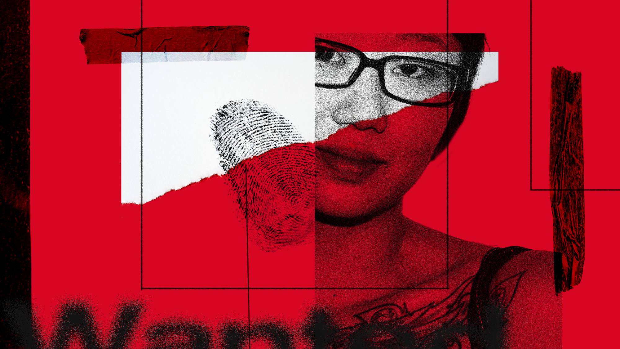 Photo-illustration of Kari Ferrell and a fingerprint against a red backdrop