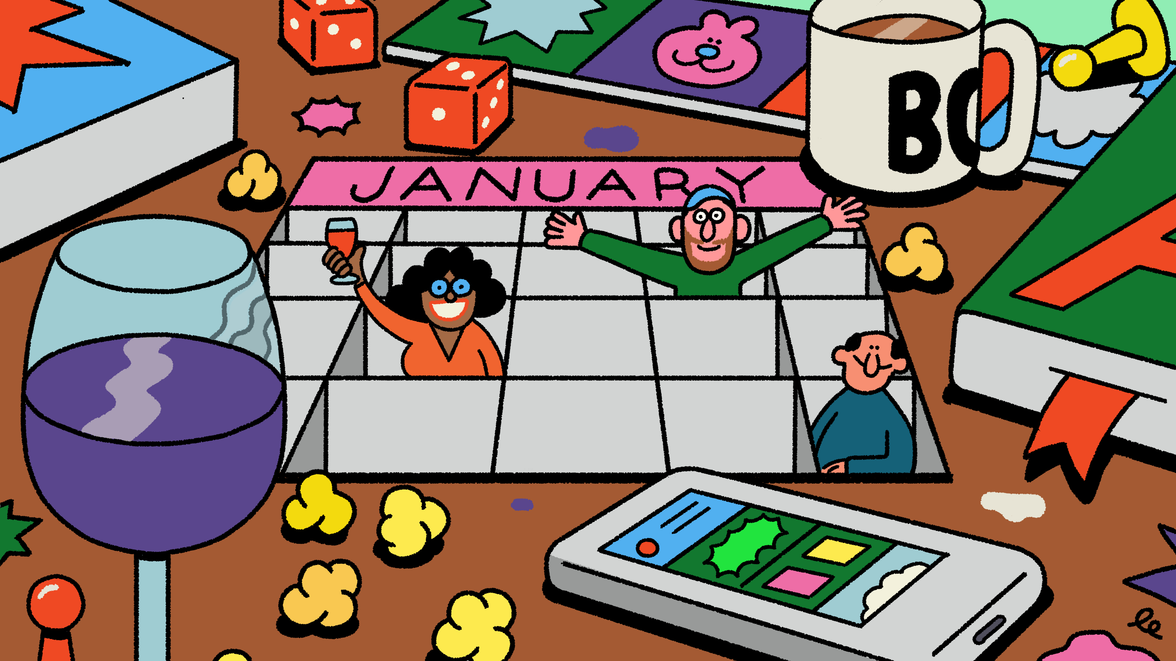 A calendar with friends popping out of it, on a table scattered with games, drinks, and snacks