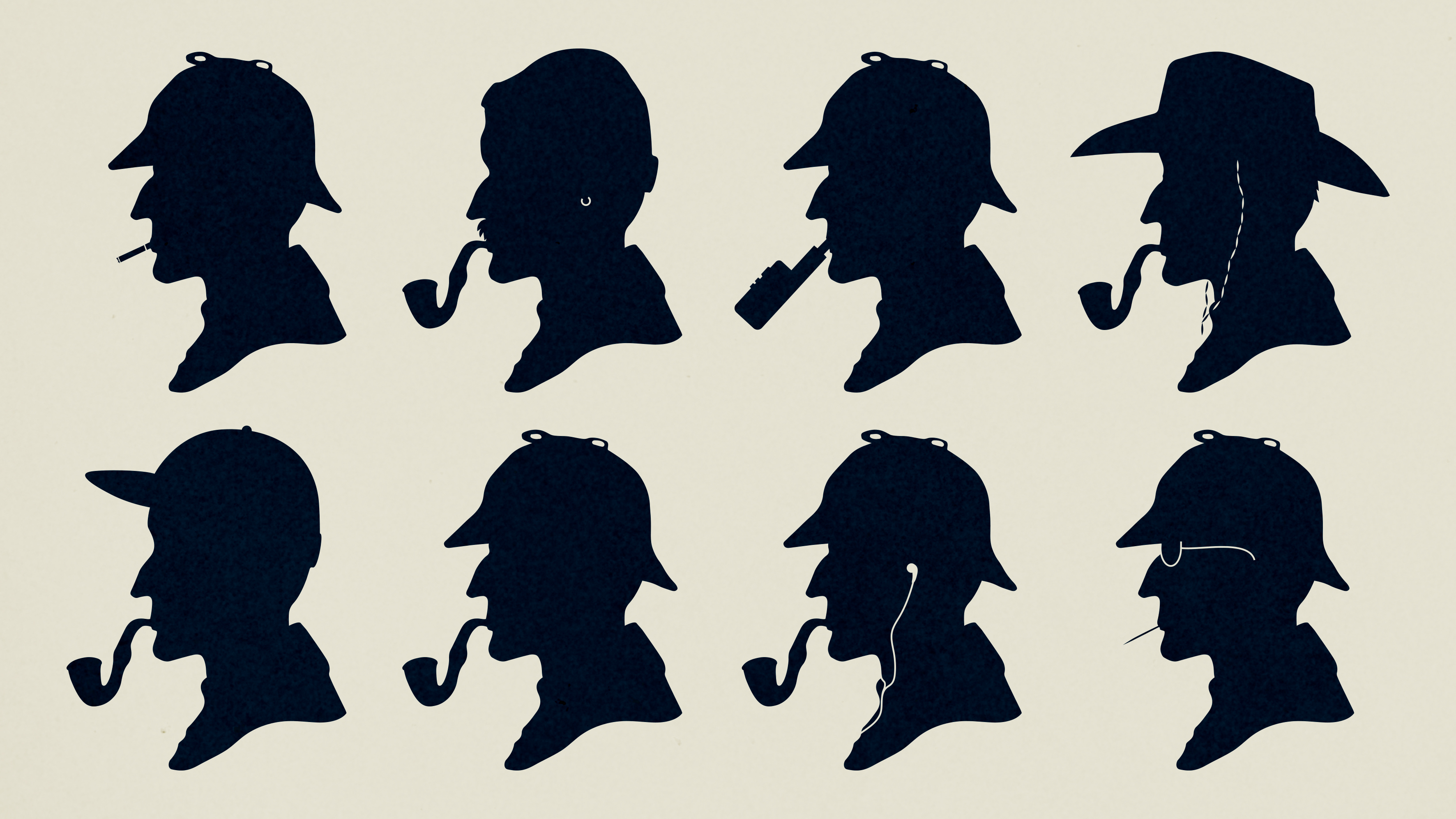 Silhouettes of eight Sherlock Holmes profiles, each wearing distinct hats and smoking different pipes