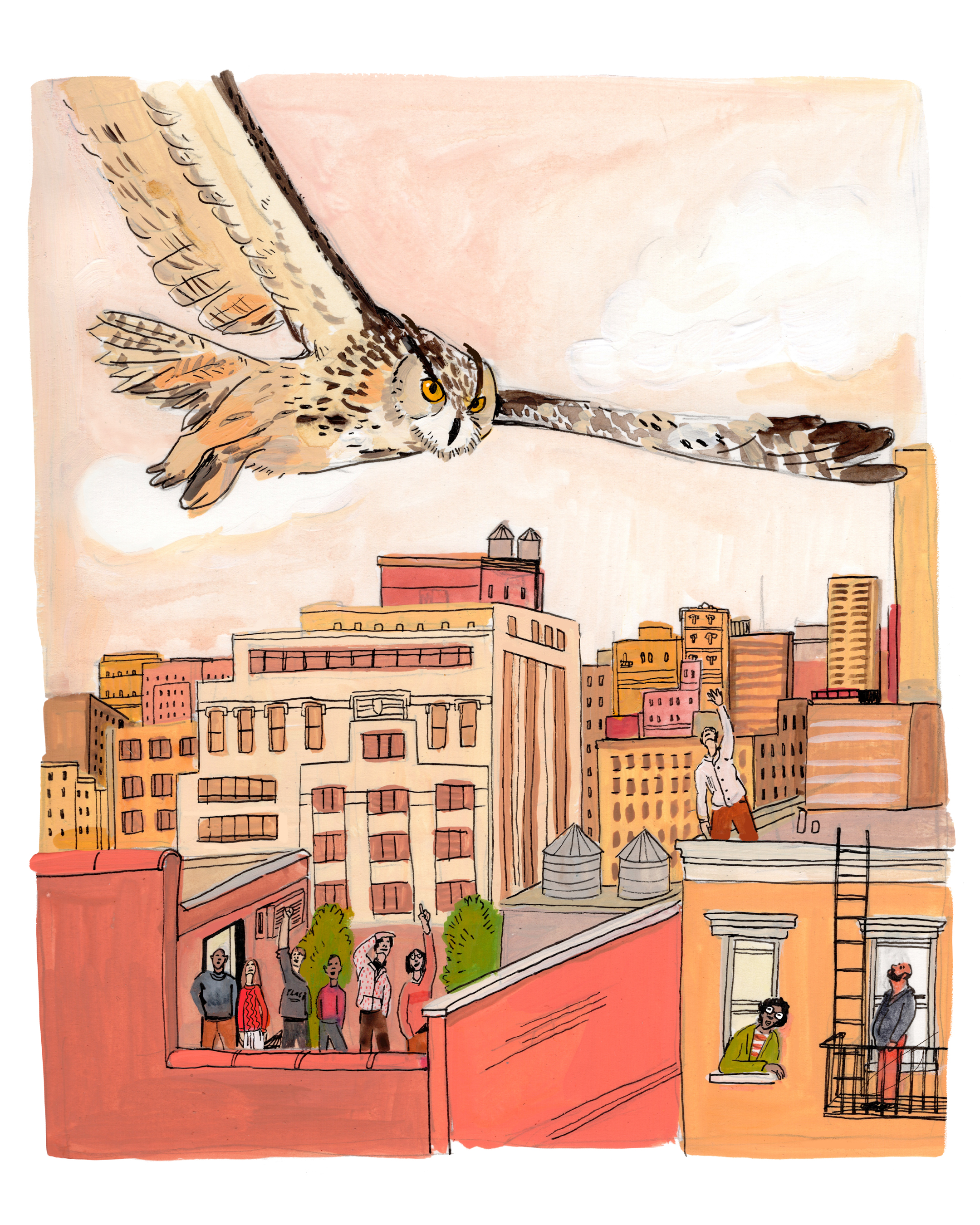 In a painting, an owl flies over New York City