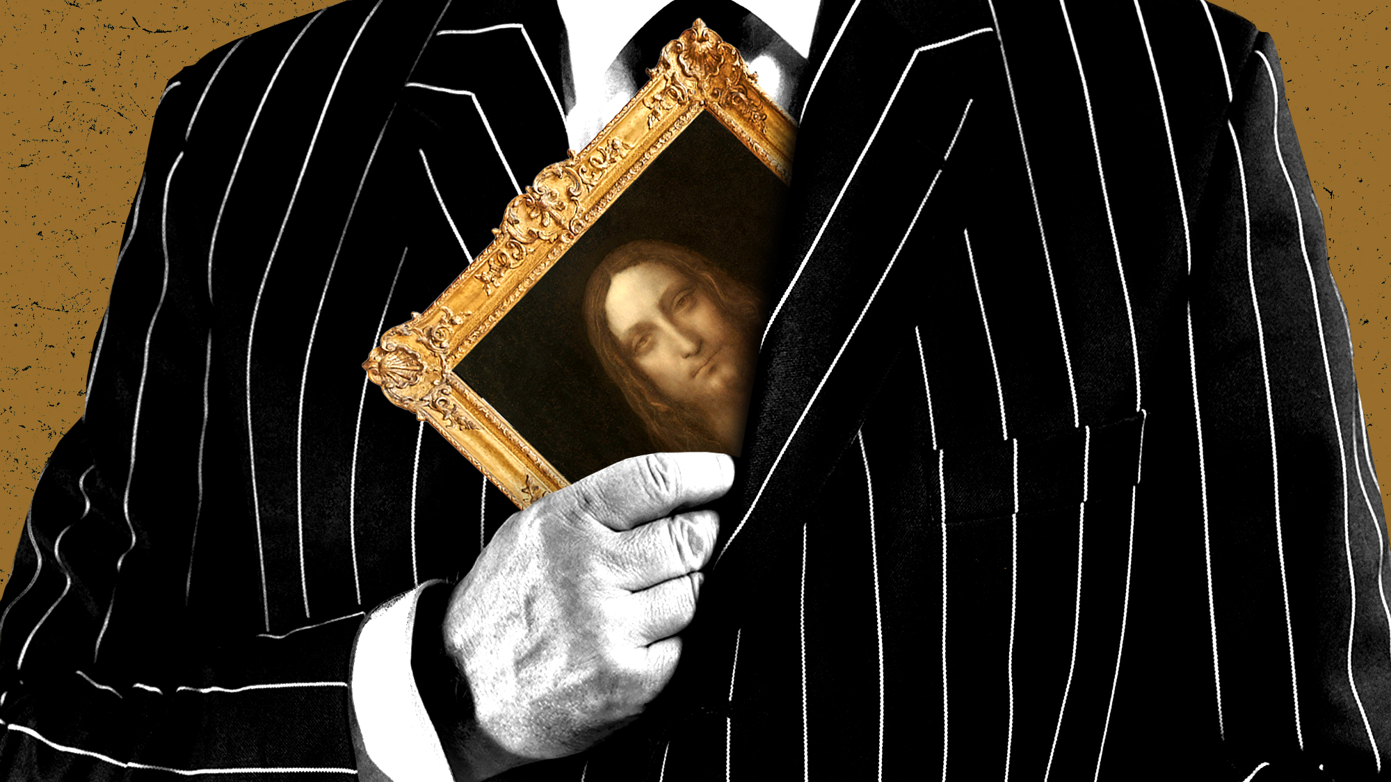 A photo-illustration showing a person in a business suit slipping Leonardo da Vinci's painting 