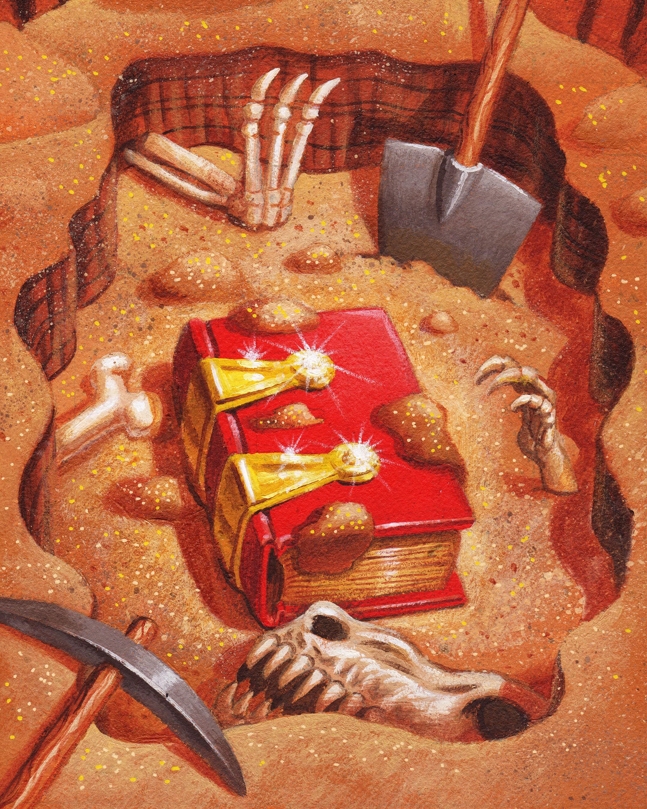 An illustration of a book found among fossils in an archaeological dig.