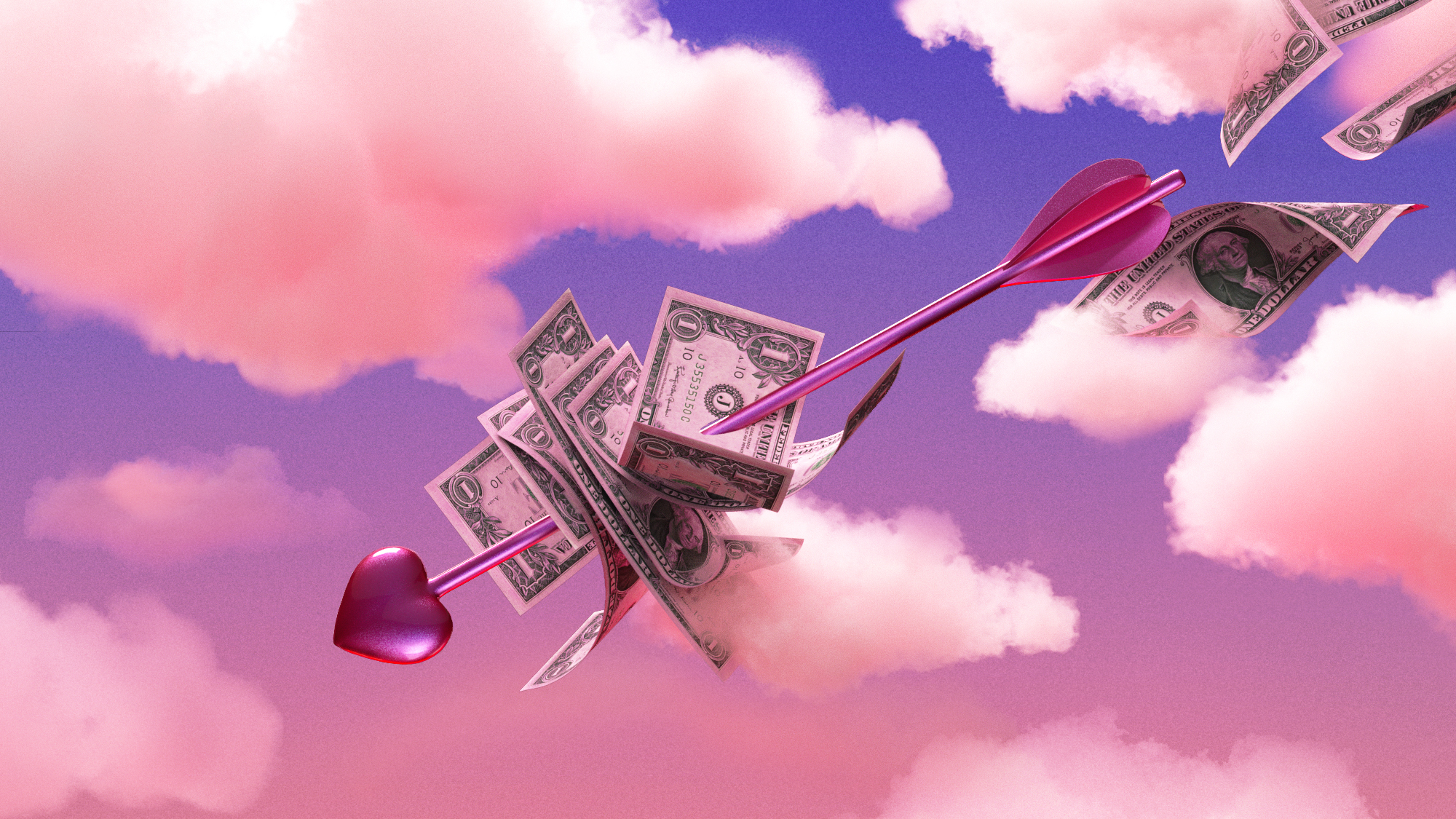 A pink and purple photo illustration of a cupid's arrow with dollar bills on it