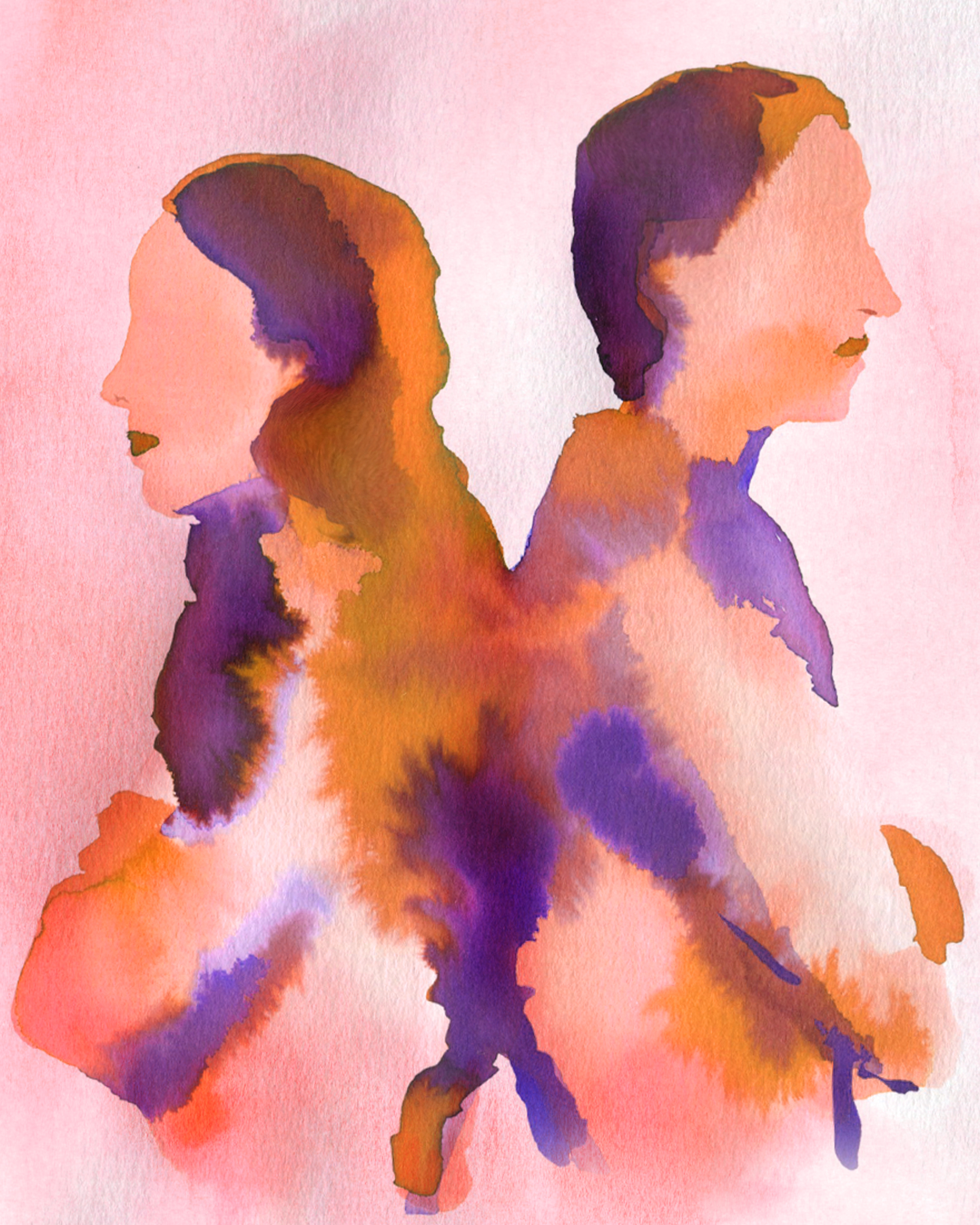 A watercolor painting showing two merged figures in orange and purple paint, with their backs to each other.