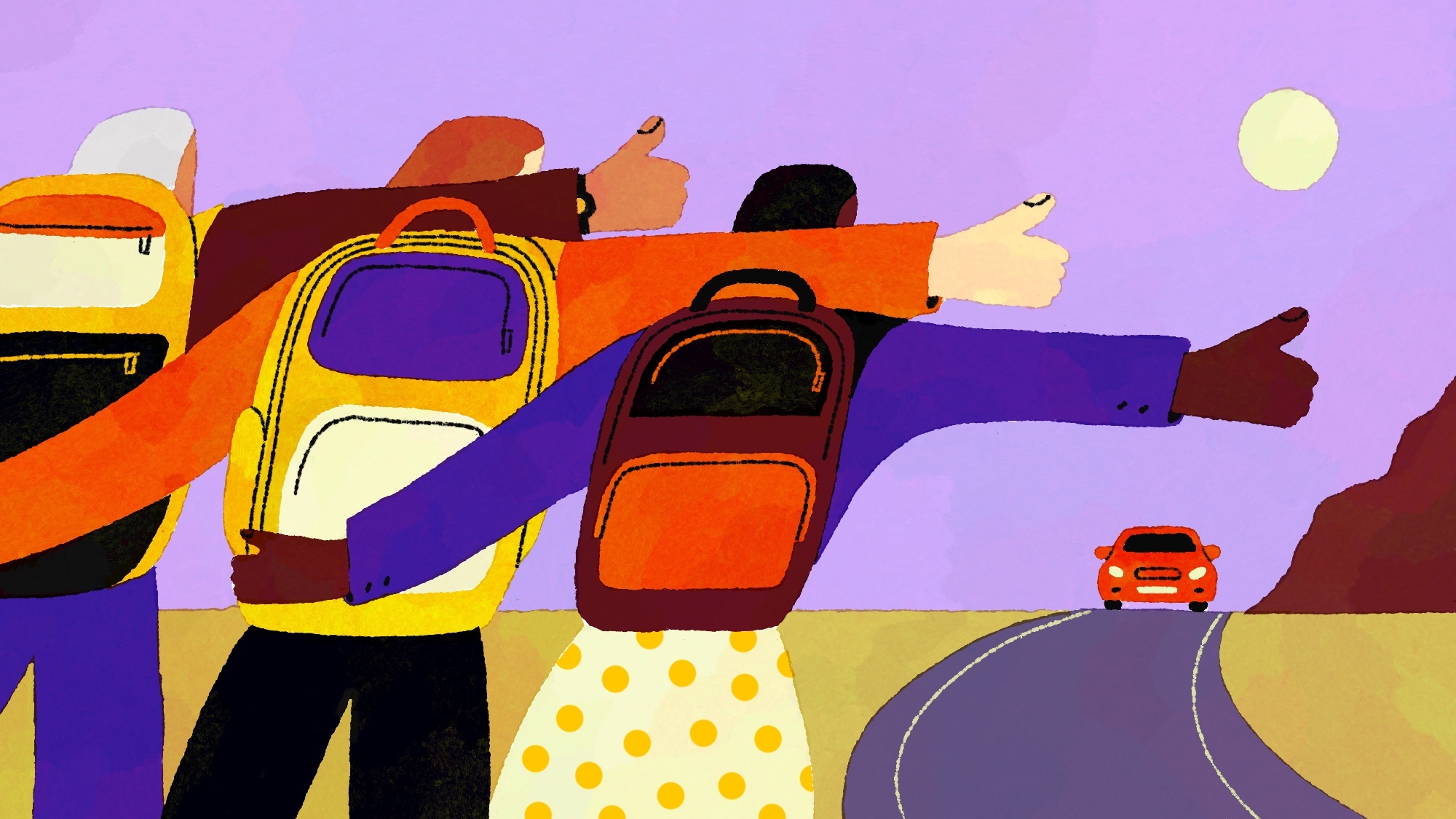 An illustration of three people sticking out their thumbs to hitchhike