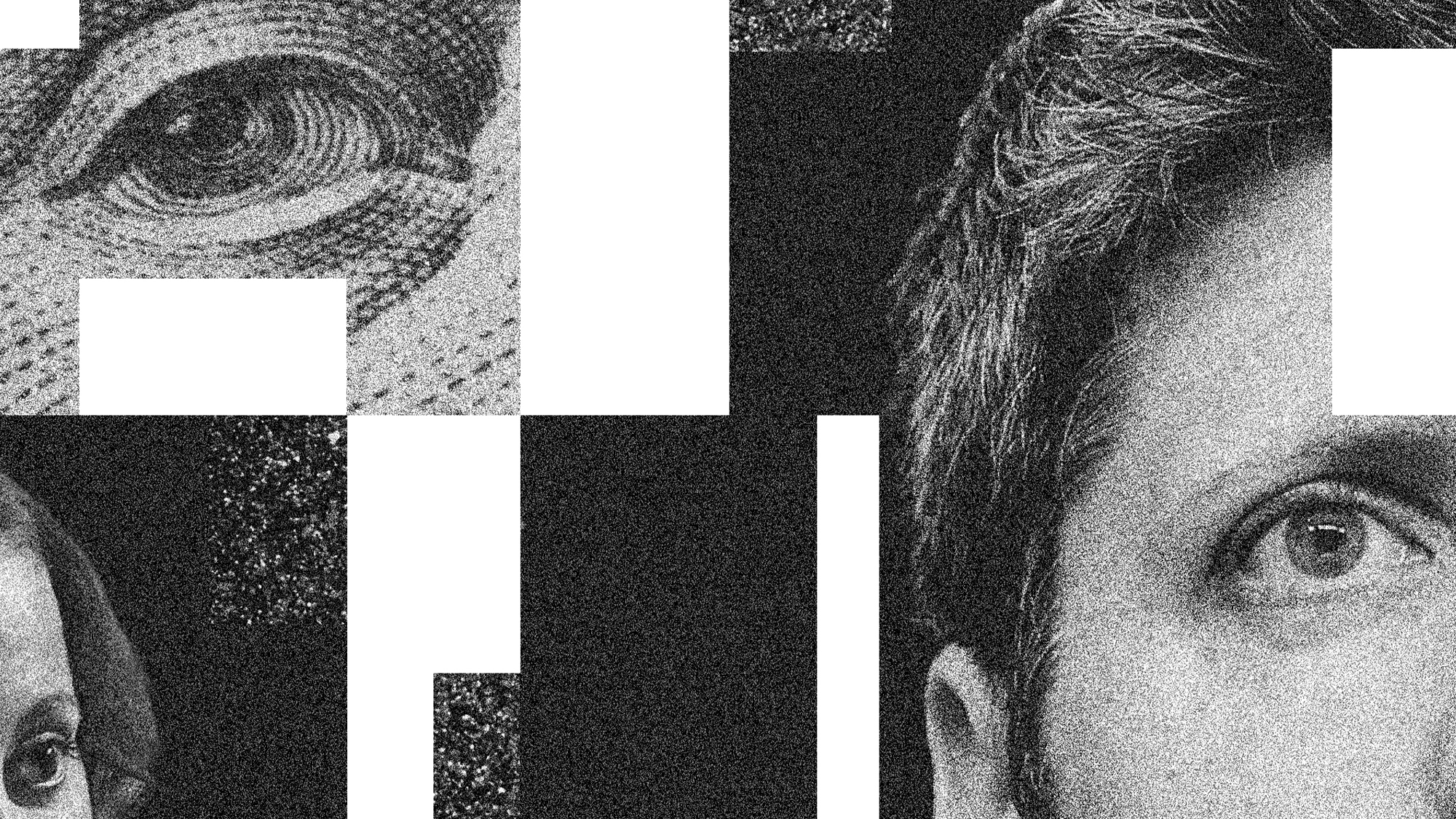 A photo collage showing the eyes of Sam Altman, Benjamin Franklin as he appears on the 100 dollar bill, Ilya Sutskever and Mira Murati.