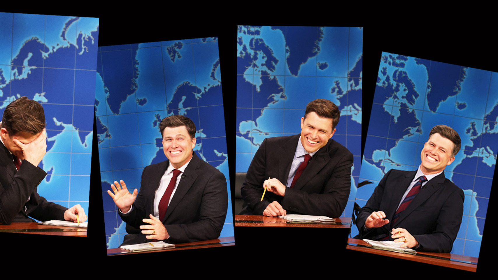 A selection of images of Colin Jost hosting “Weekend Update”