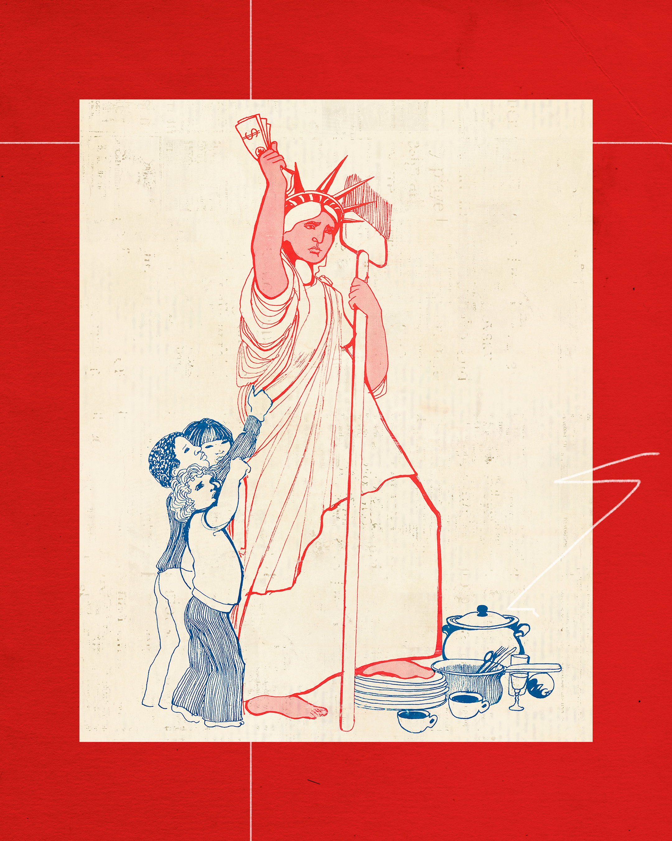 Archival poster from the 'Wages for Housework' campaign, depicting an illustration of Lady Liberty holding a broom in her left hand, cash in her right. Below, she has one foot set on a stack of dishes, while three children pull at her dress.