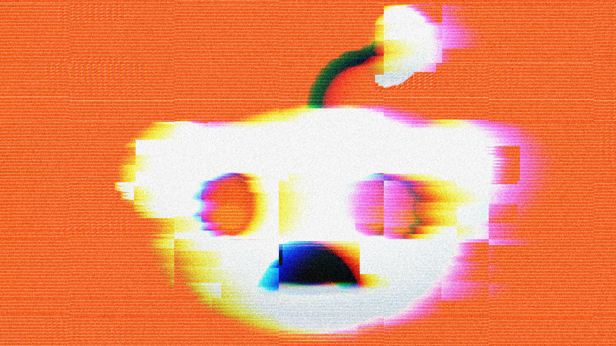 A blurry, distorted, pixellated image of the Reddit robot's head against an orange background