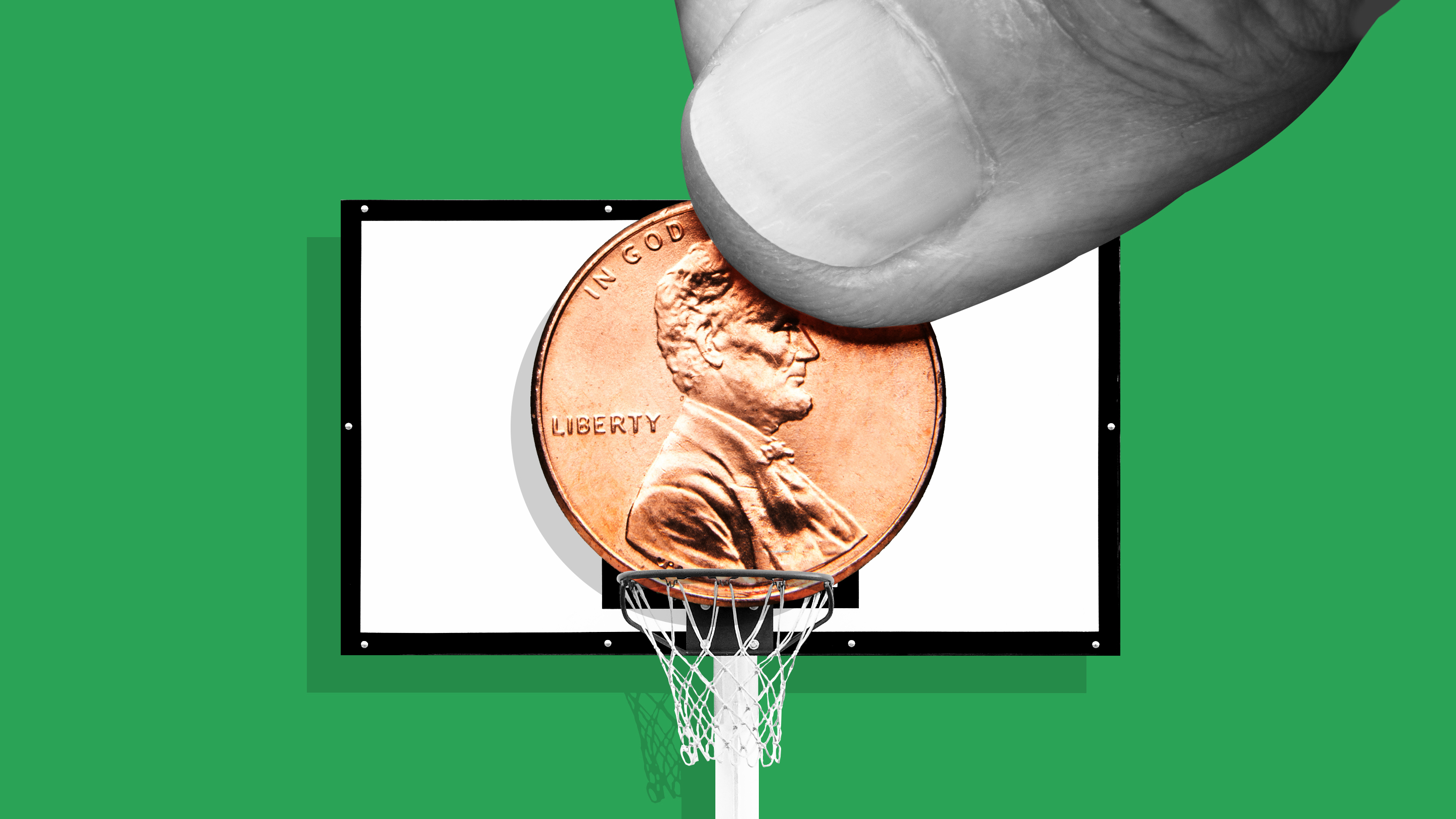 A graphic illustration showing a thumb placing a penny on the backboard of a basketball hoop, over a green background.