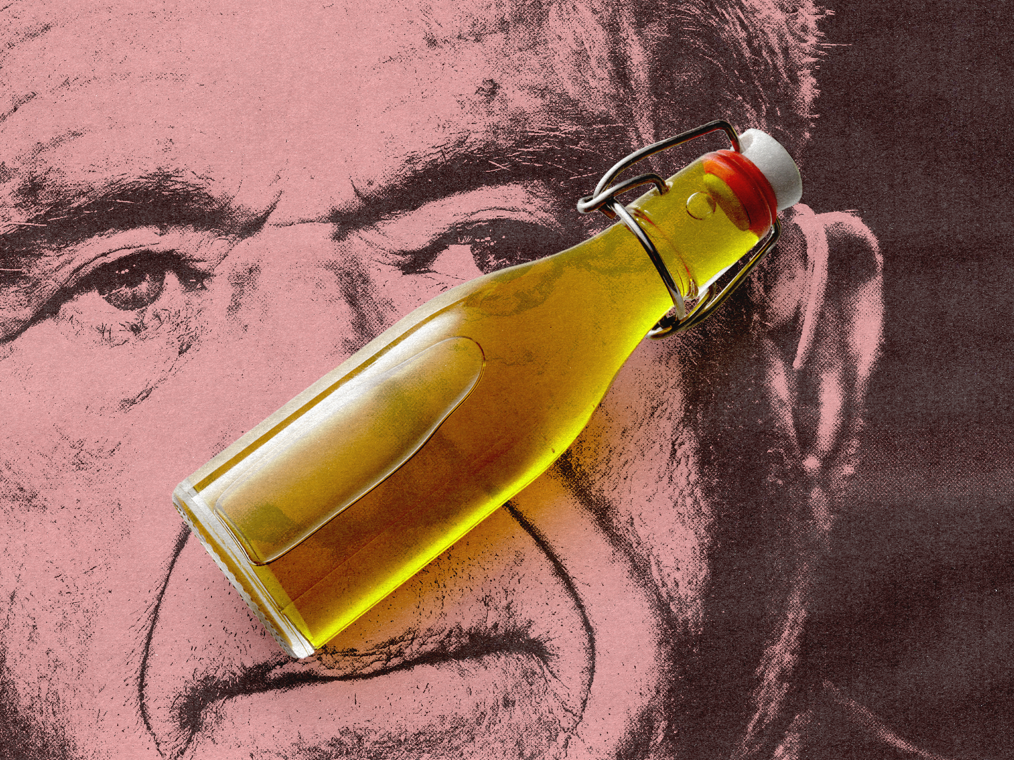 Pink-tinted portrait of RFK Jr. overlaid with a glass bottle of vinaigrette