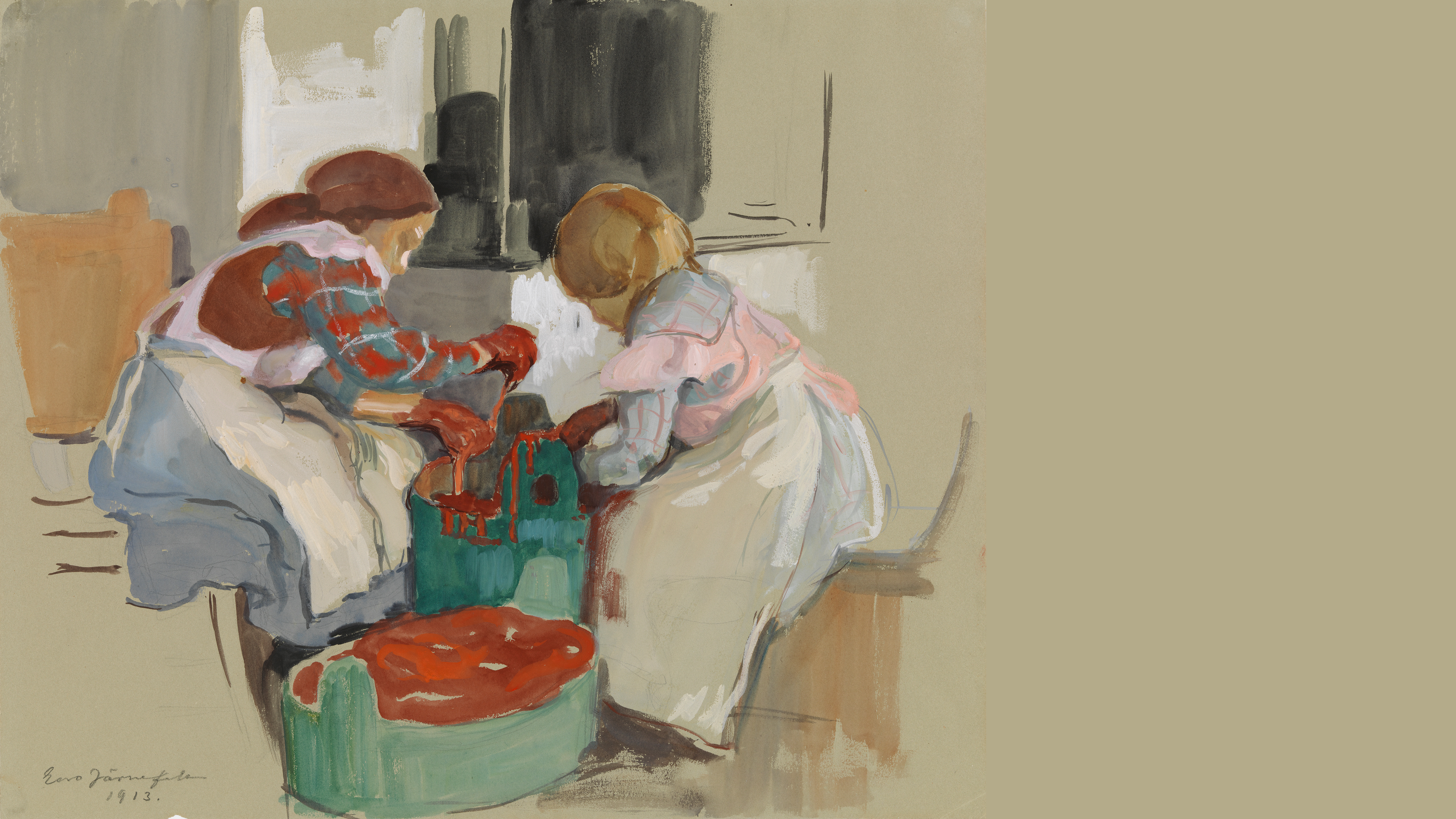 painting of a mother and child doing chores