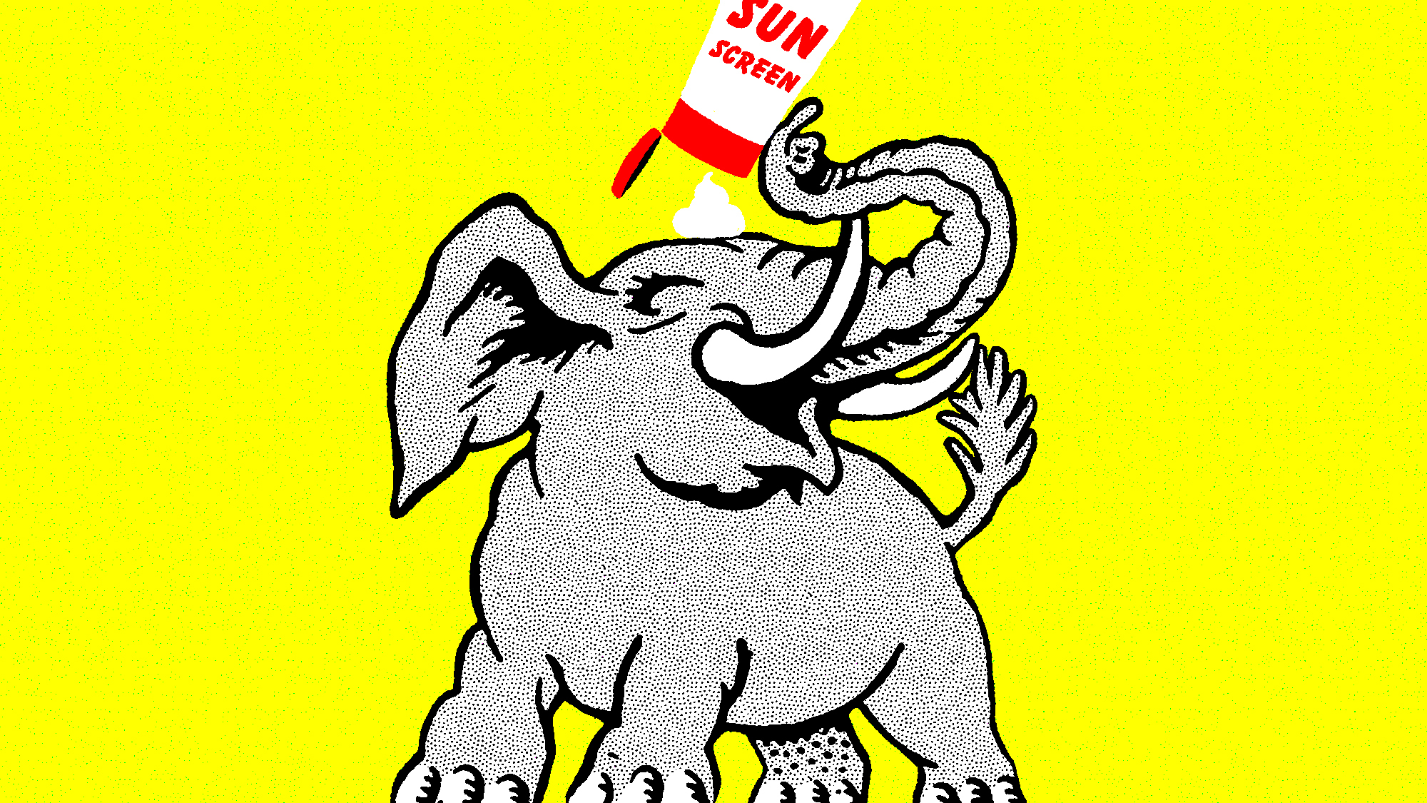 A cartoon elephant dumps sunscreen on its head.