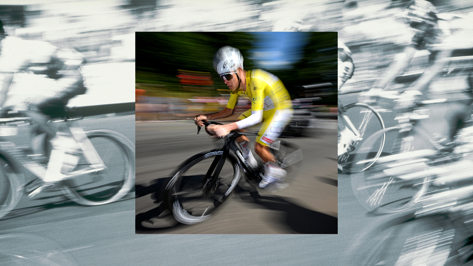 A colored photo of Tadej Pogačar cycling in front of a black-and-white photo of other cyclists